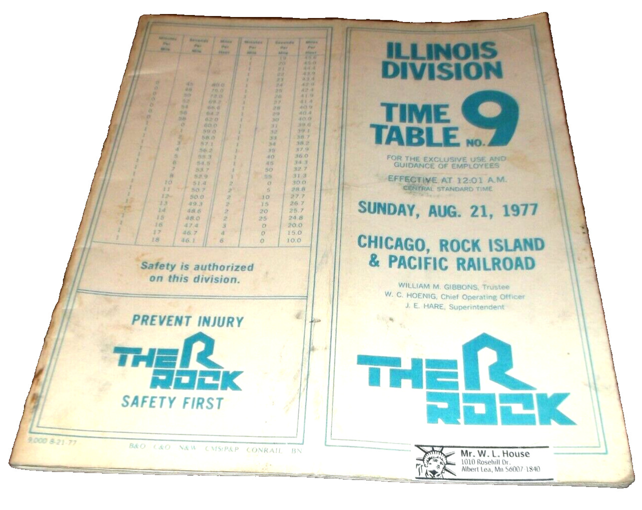 AUGUST 1977 CRI&P ROCK ISLAND ILLINOIS DIVISIONS EMPLOYEE TIMETABLE #9