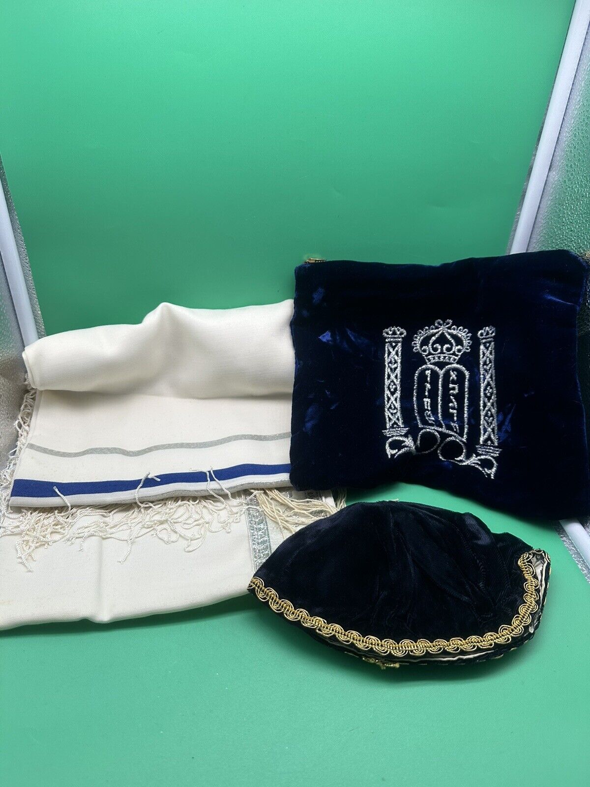 Vintage Traditional Jewish Tallit Velvet Bag Kippah Sacred Prayer Shawl Israel