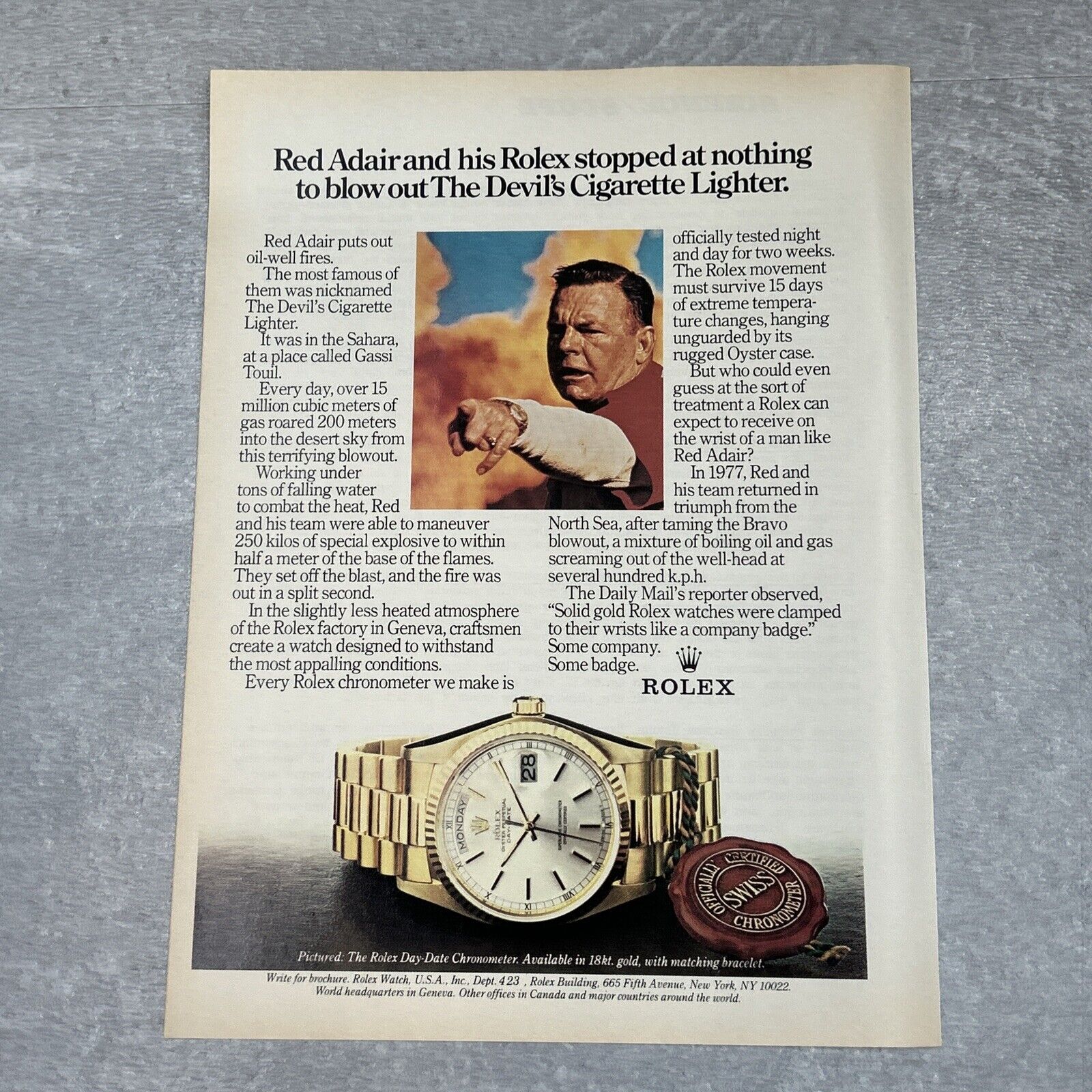 Vintage 1983 Rolex Watch Red Adair Print Ad The Devils Cigarette Lighter