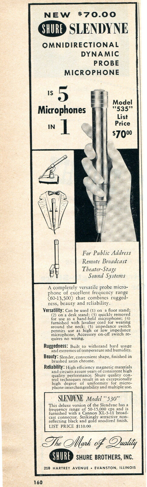 1956 Print Ad of Shure Brothers Model 535 Slendyne Probe Microphone