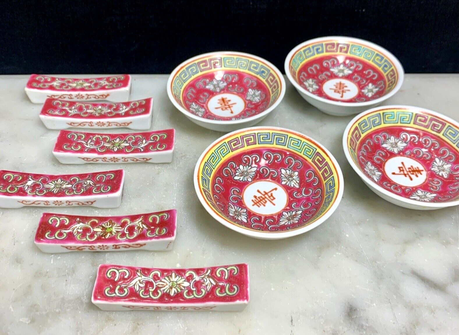 Vintage Chinese Porcelain chopstick holders & Mun Shou Red Soy Sauce bowls 10 pc