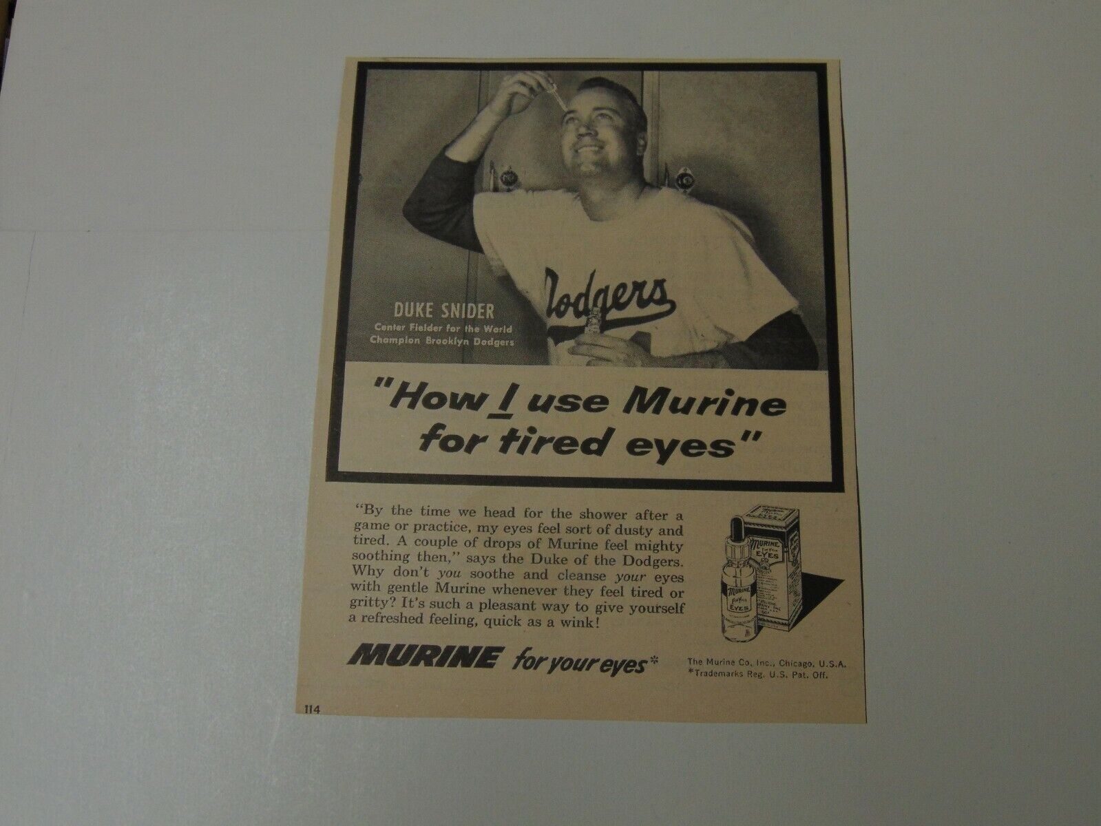 1956 MURINE FOR YOUR EYES Duke Snider Endorses vintage art print ad