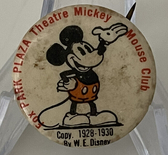 1928-1930 Mickey Mouse Club Pin Back Button Fox Park Plaza Theatre Antique RARE