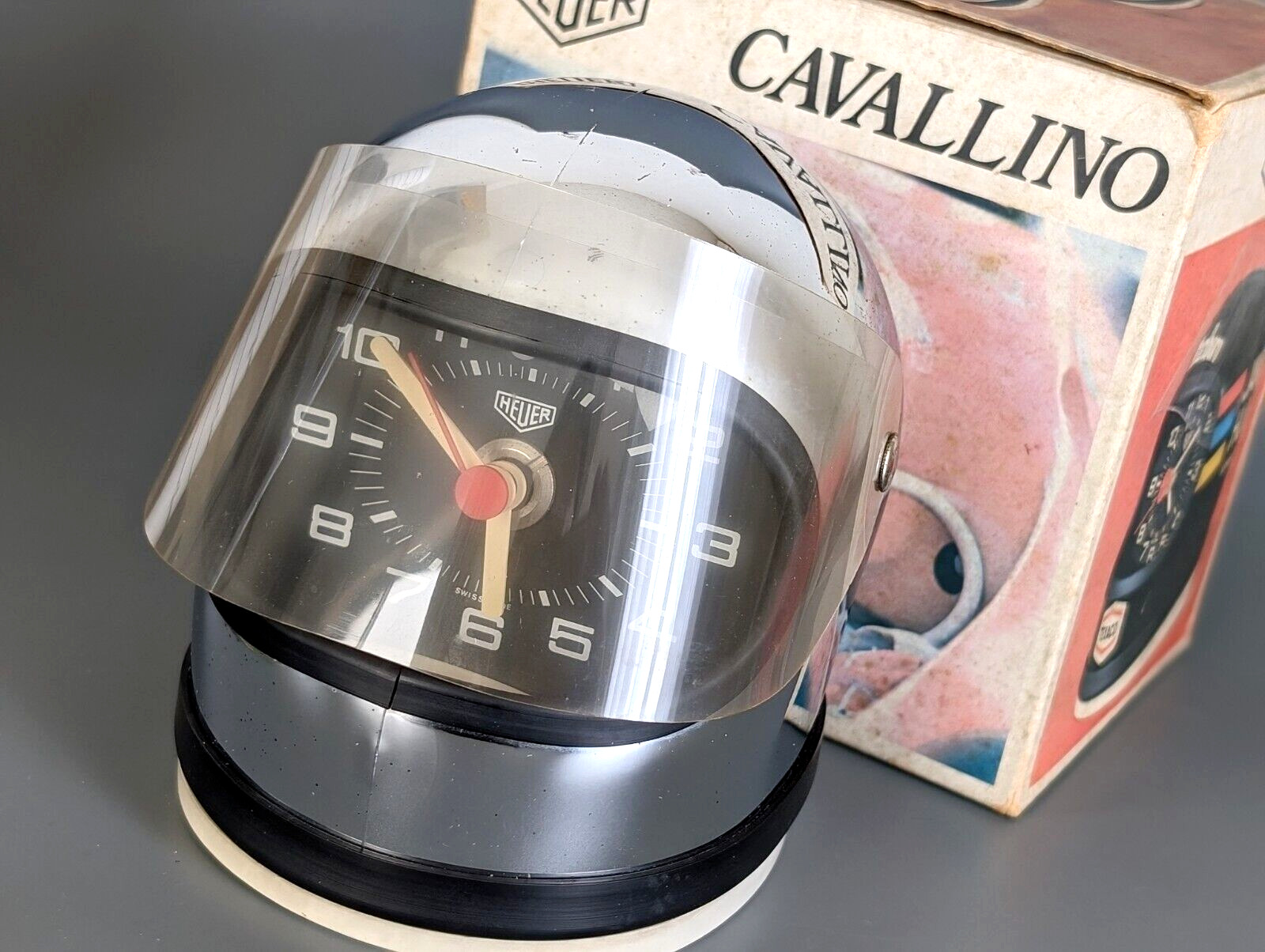 Rare Vintage Heuer Cavallino Helmet Desk Clock Racing Quartz w/box