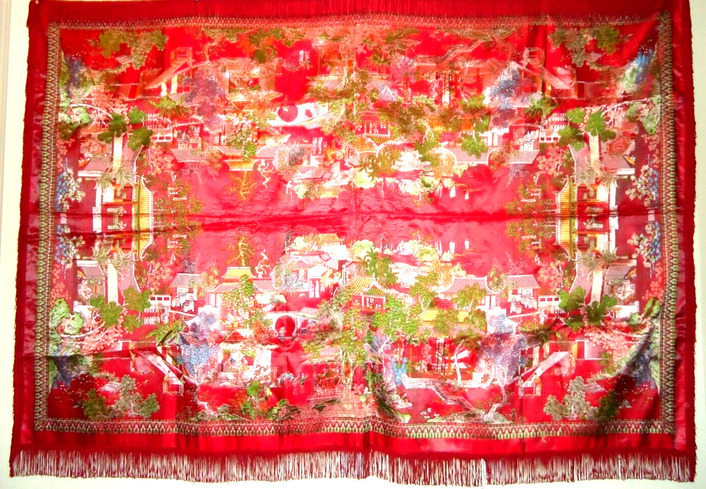 Vintage Asian Brocaded Flowers Silk Embroidered Red Square Fringe Tablecloth