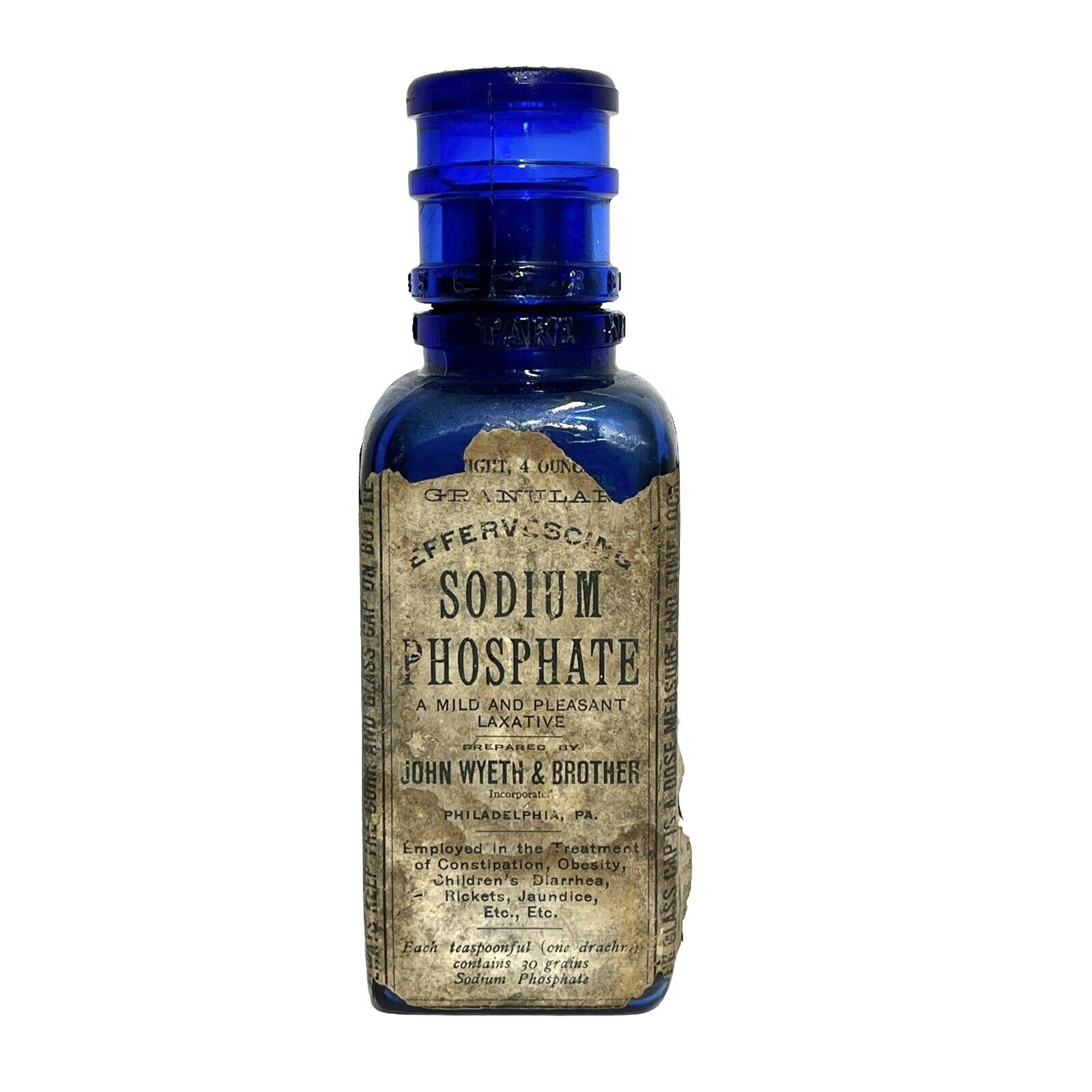 Antique John Wyeth & Bro Sodium Phosphate Blue Glass Medicine Bottle & Dose Cap