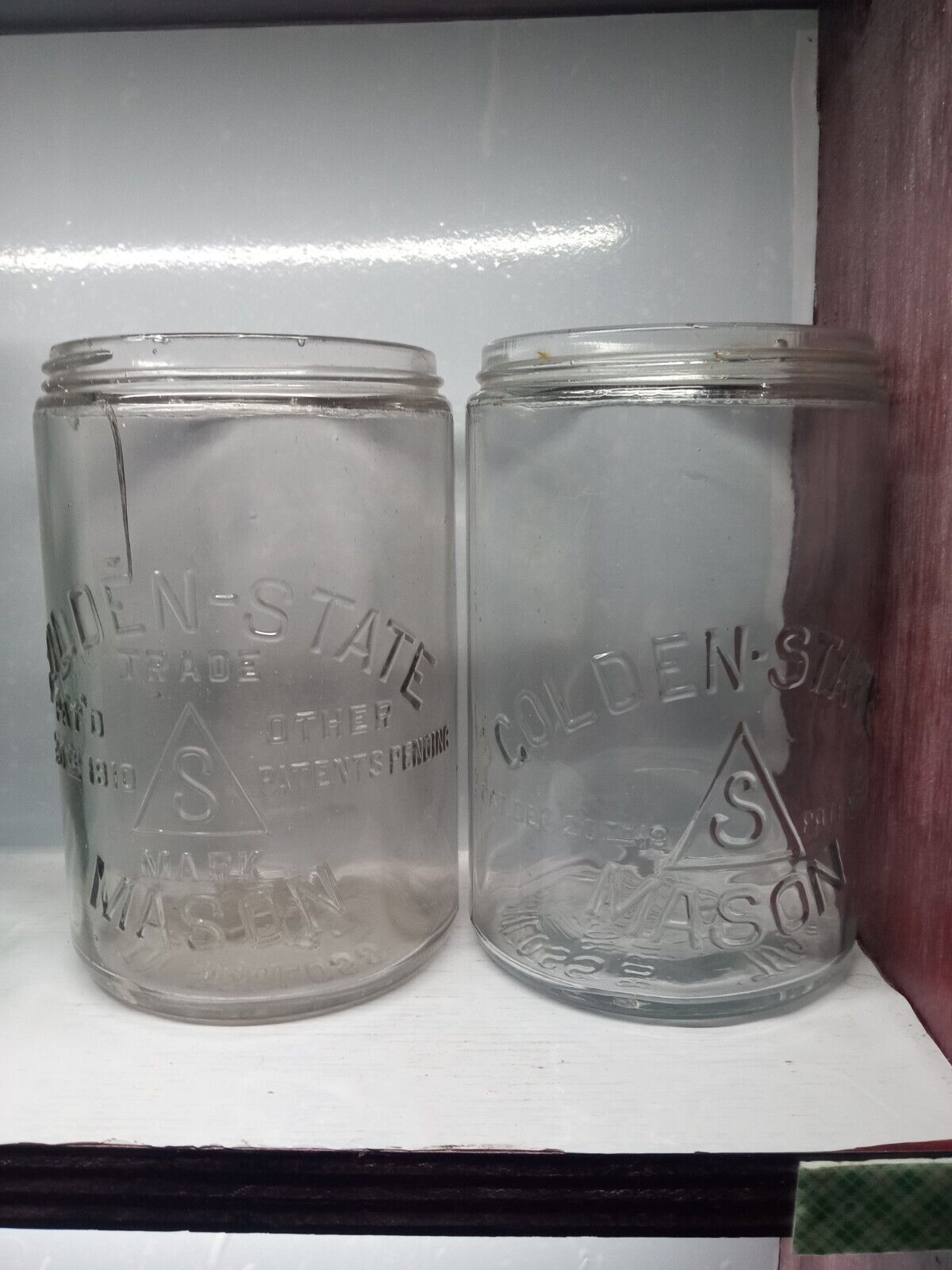 2 Vintage Golden State  Mason Jars,  Ben Schloss, S In Triangle, Patents Pending