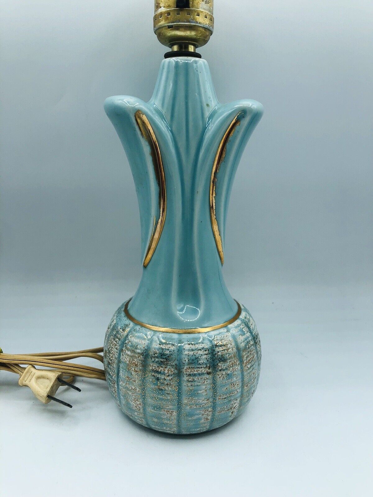Vintage 1950s Mid Century Modern Aqua Ceramic Lamp Metallic Gold 11.5” ADORABLE