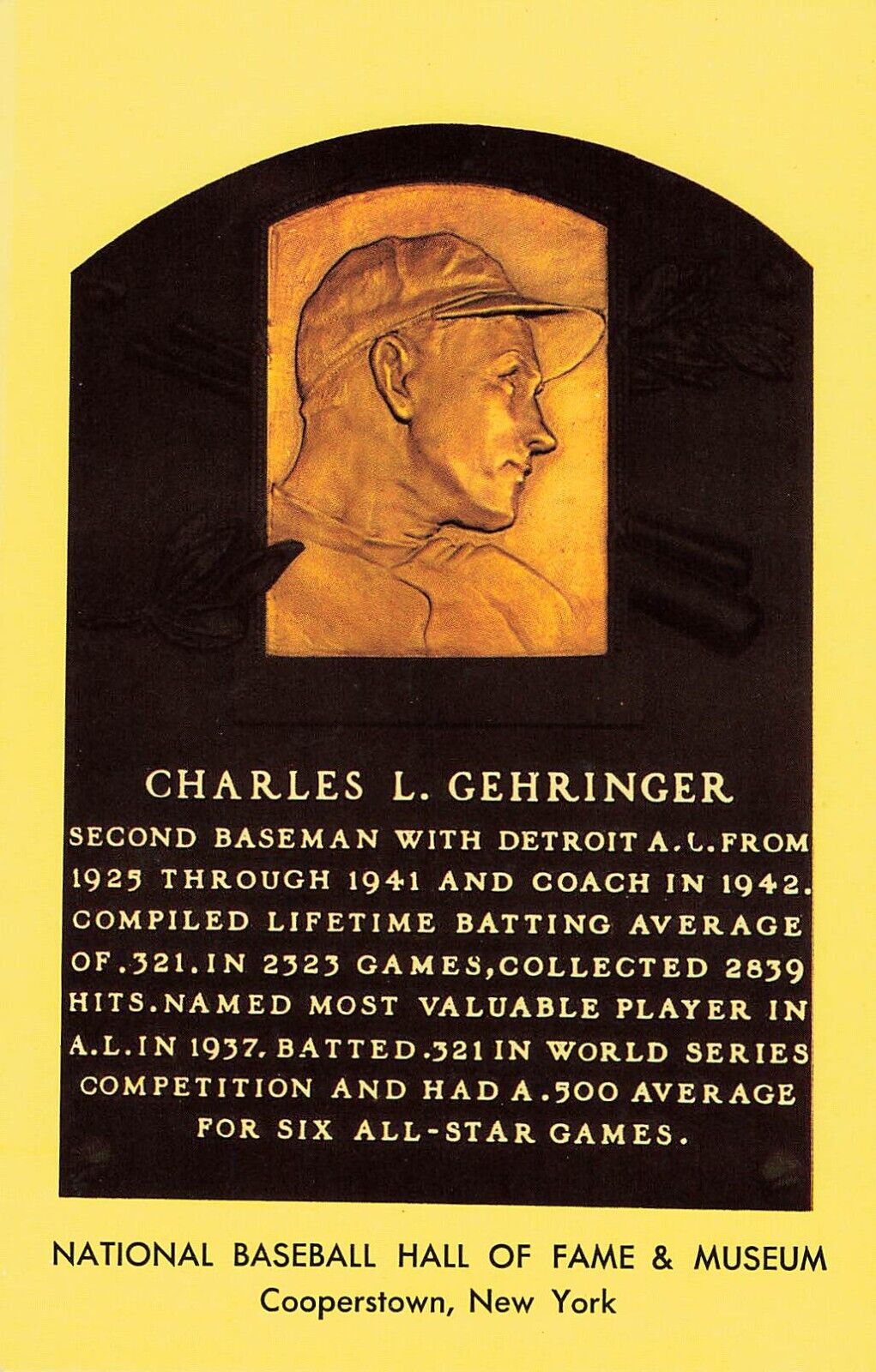 Postcard Charles L. Gehringer, HOF Baseball Plaque \'49, Cooperstown NY