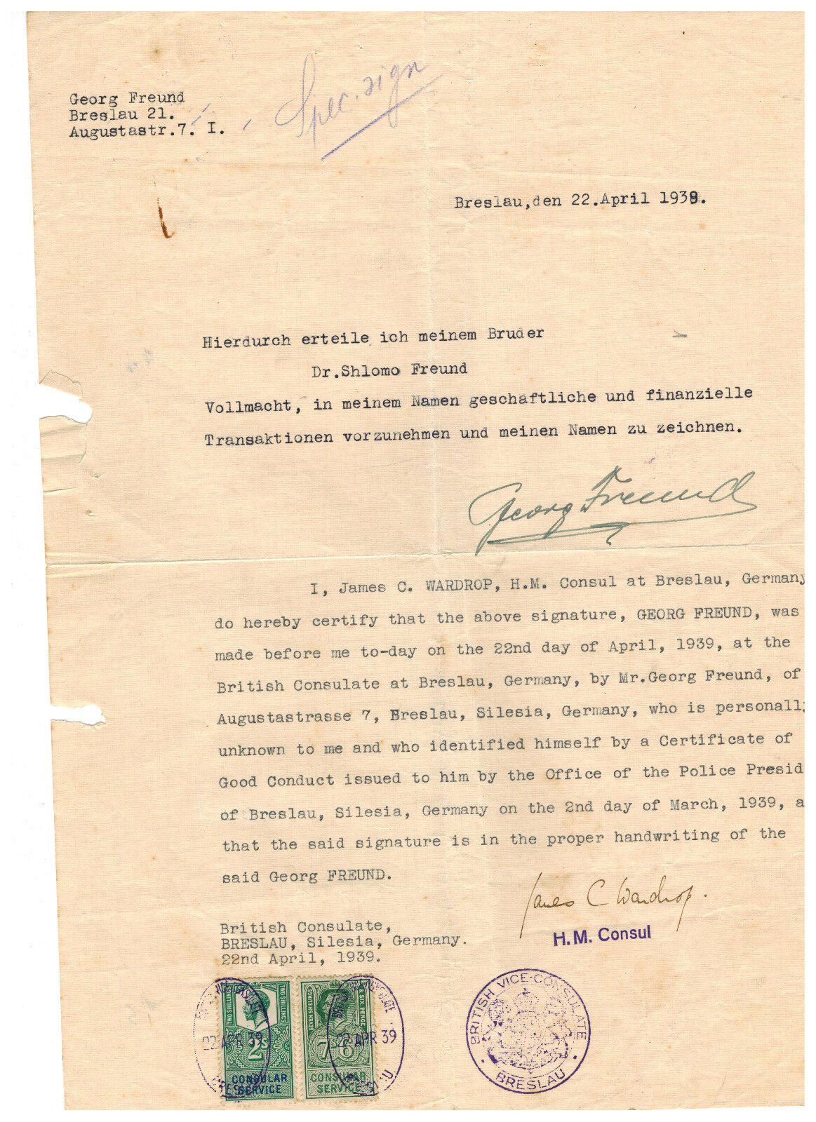1939 Breslau Germany British Consul Revenue Stamps on Power of Attorney Judaica
