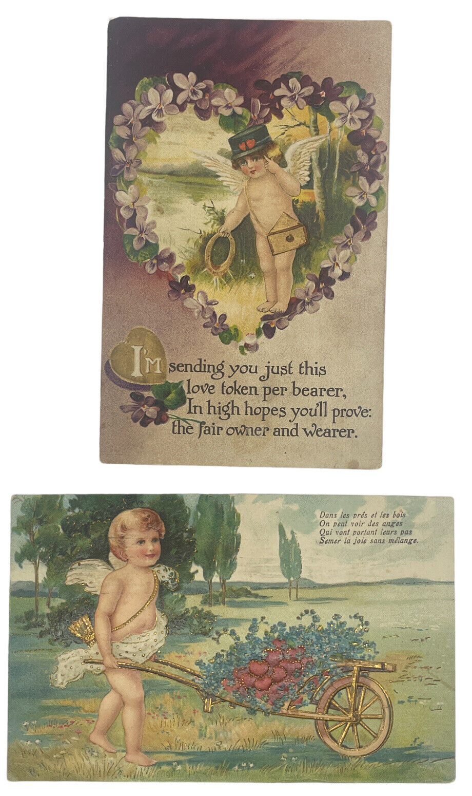 Antique Vintage Embossed Cherub Postcards Gold Hearts Mail Bag Wings Naked