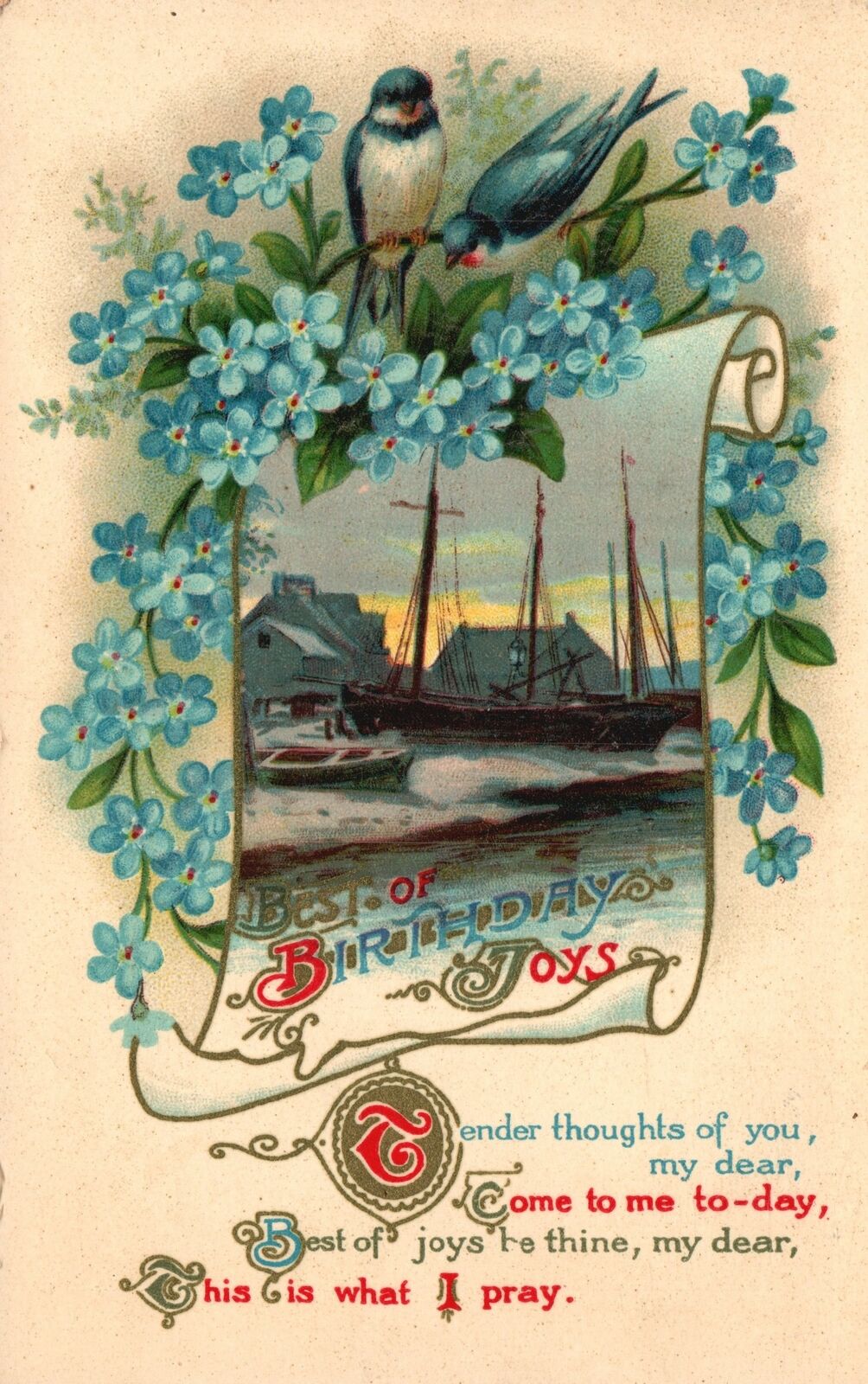 Best of Birthday Joys Greetings Card Boat Flowers Birds Vintage Postcard c1910
