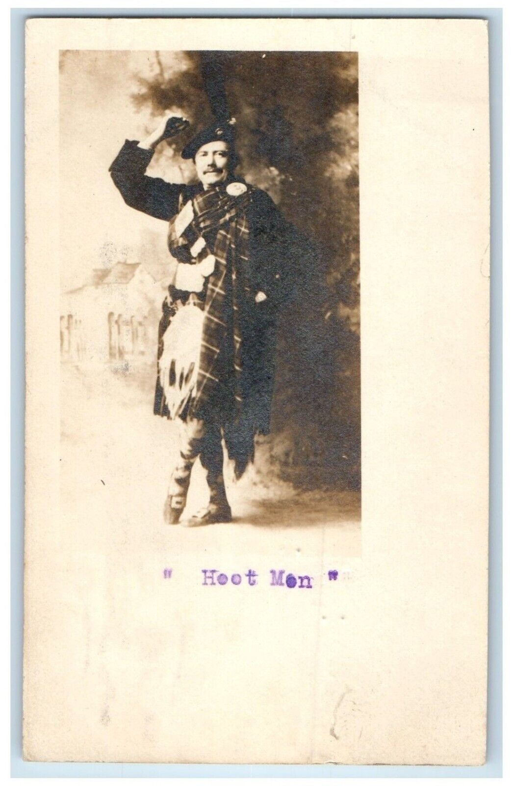 1907 Hoot Mon Studio Portrait Scottish Kilt San Diego CA RPPC Photo Postcard