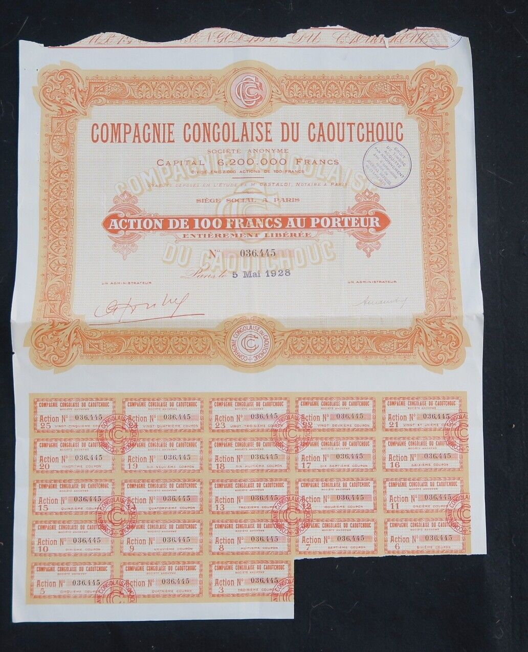 1928 CONGOLESE COMPAGNIE DU RUBBER PARIS bond share shares