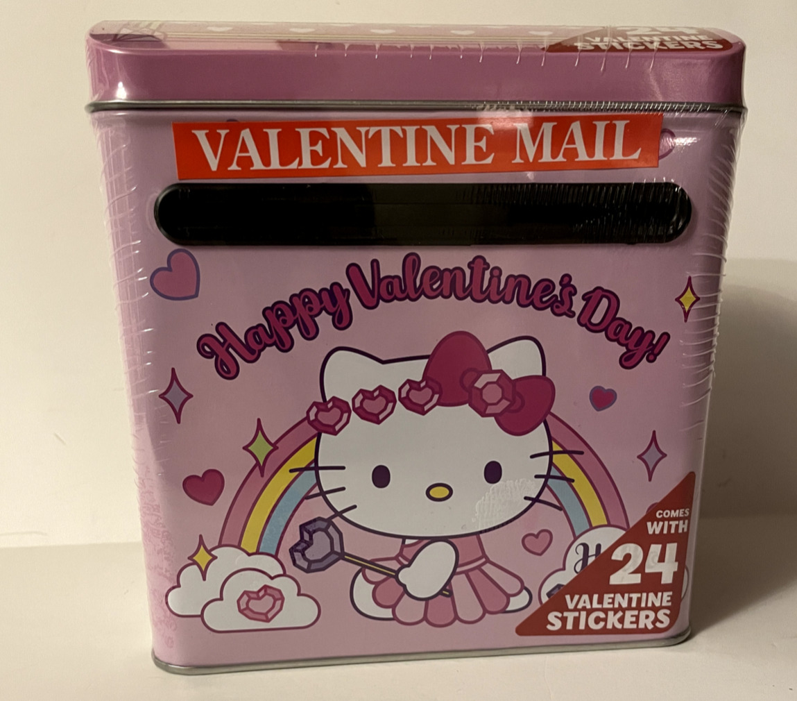 HELLO KITTY VALENTINE’S DAY GIFT CARD HOLDER MAILBOX PAIL TIN 2022 Fairy Sticker