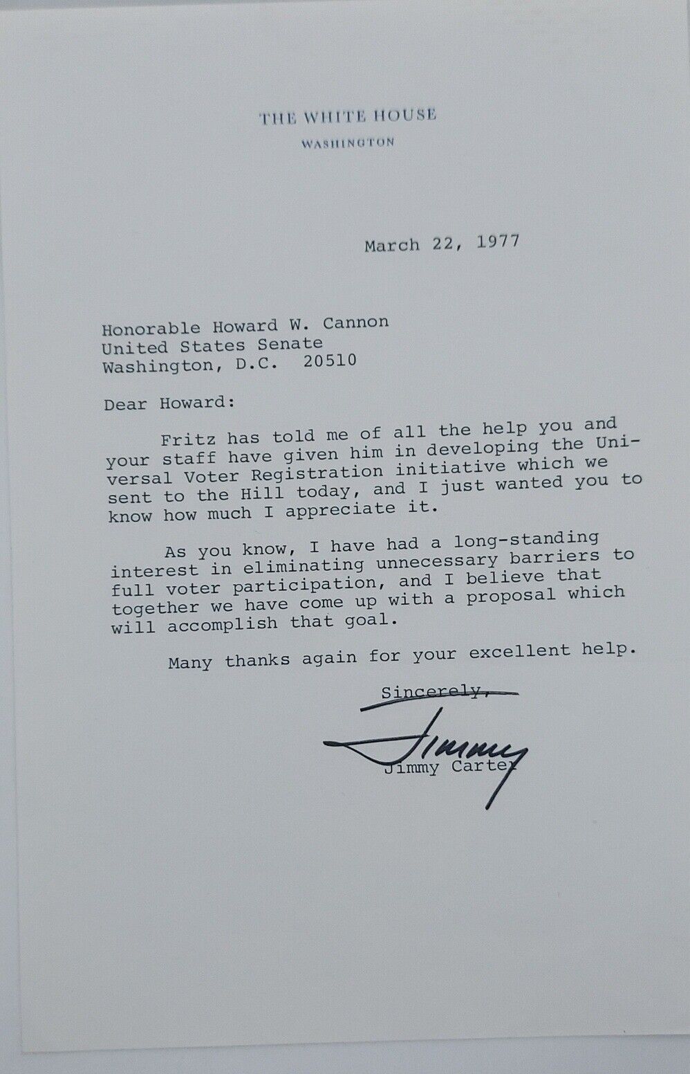 Jimmy Carter Signed 1977 White House Letter To Howard Cannon Autographed