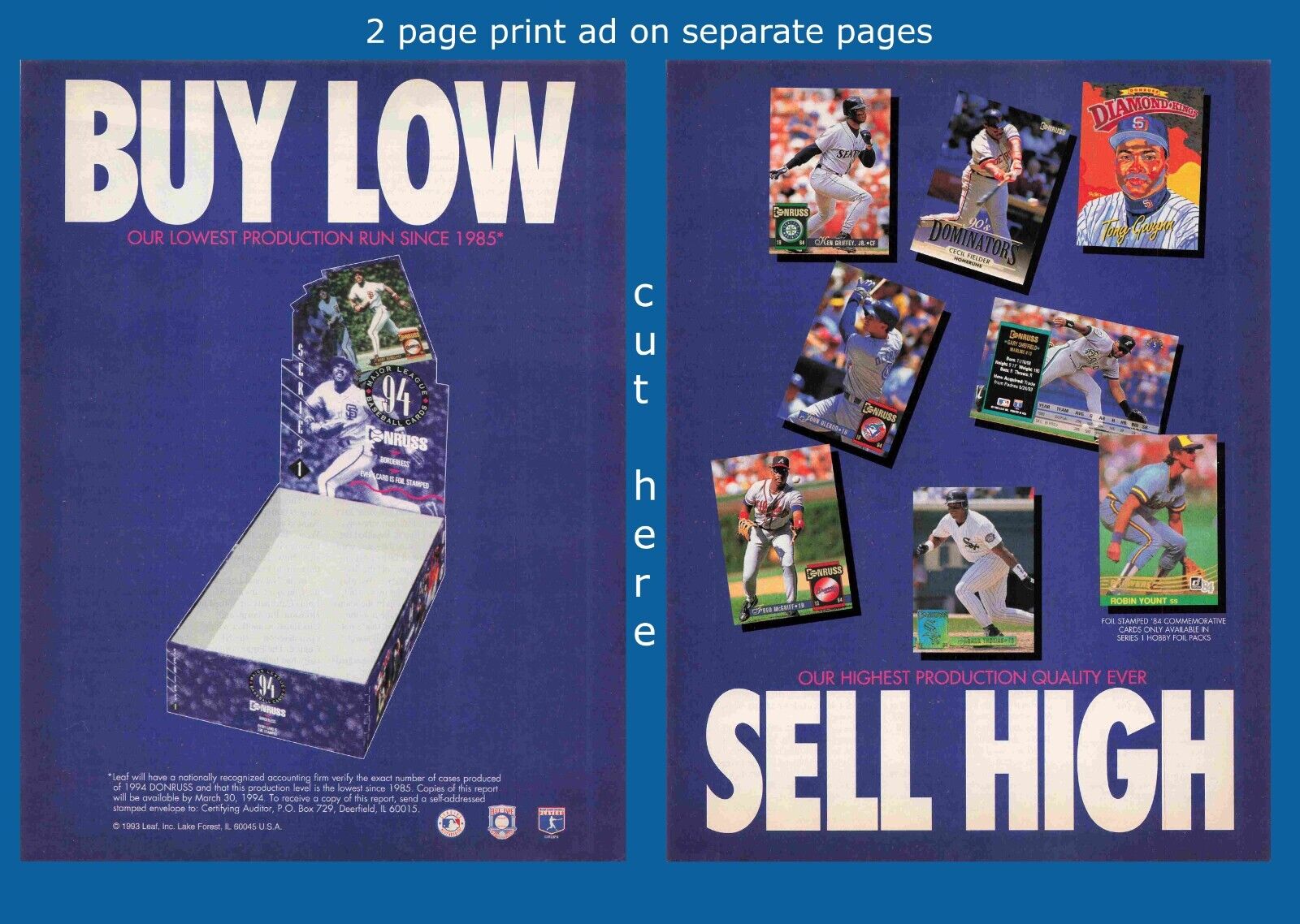 Buy Low Sell High 94 Donruss Baseball Cards 1990S Vtg Print Advertisement 16X11