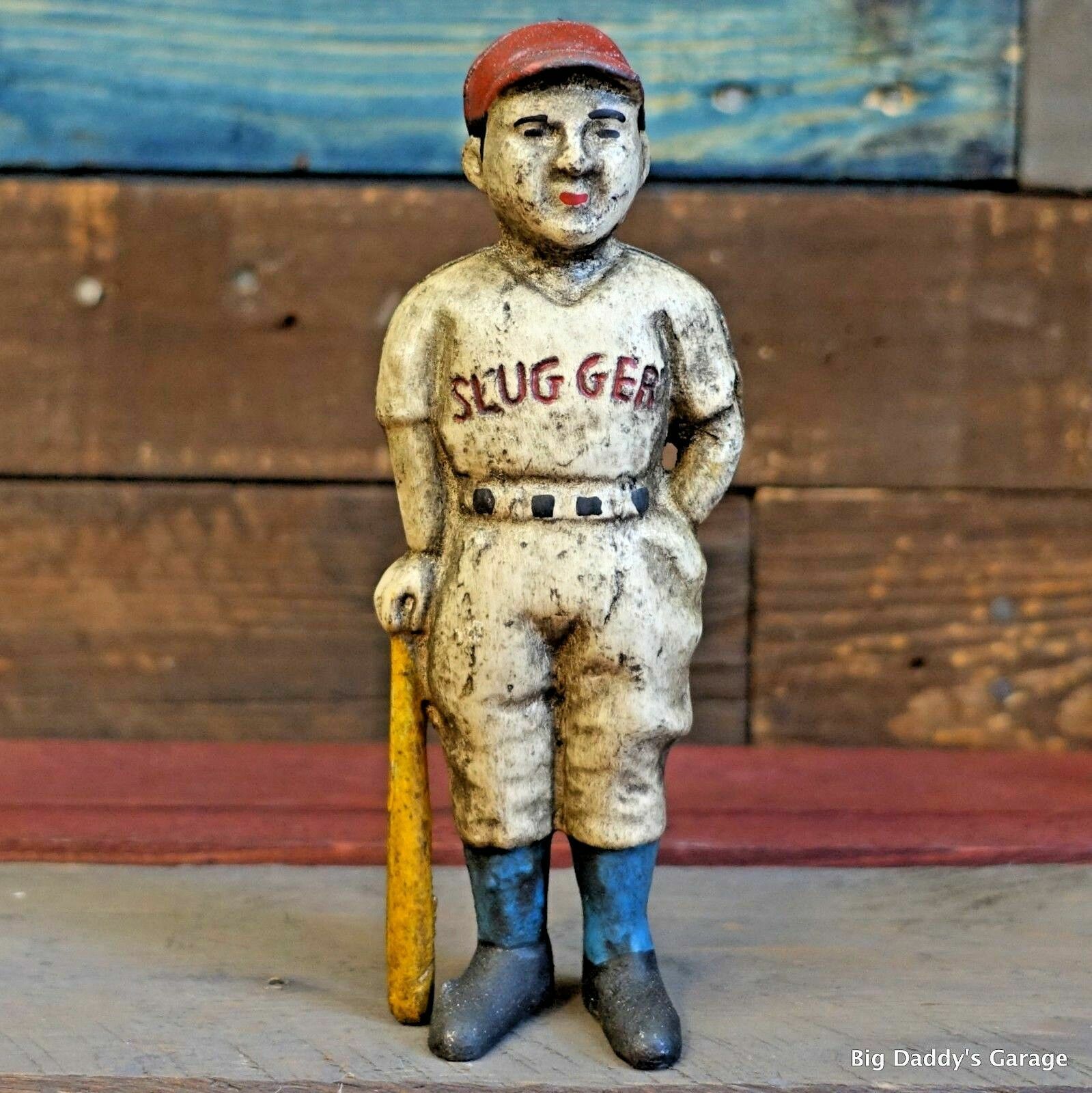 Baseball Boy Cast Iron Bank With Painted Antique Vintage Finish Decor Man Cave 