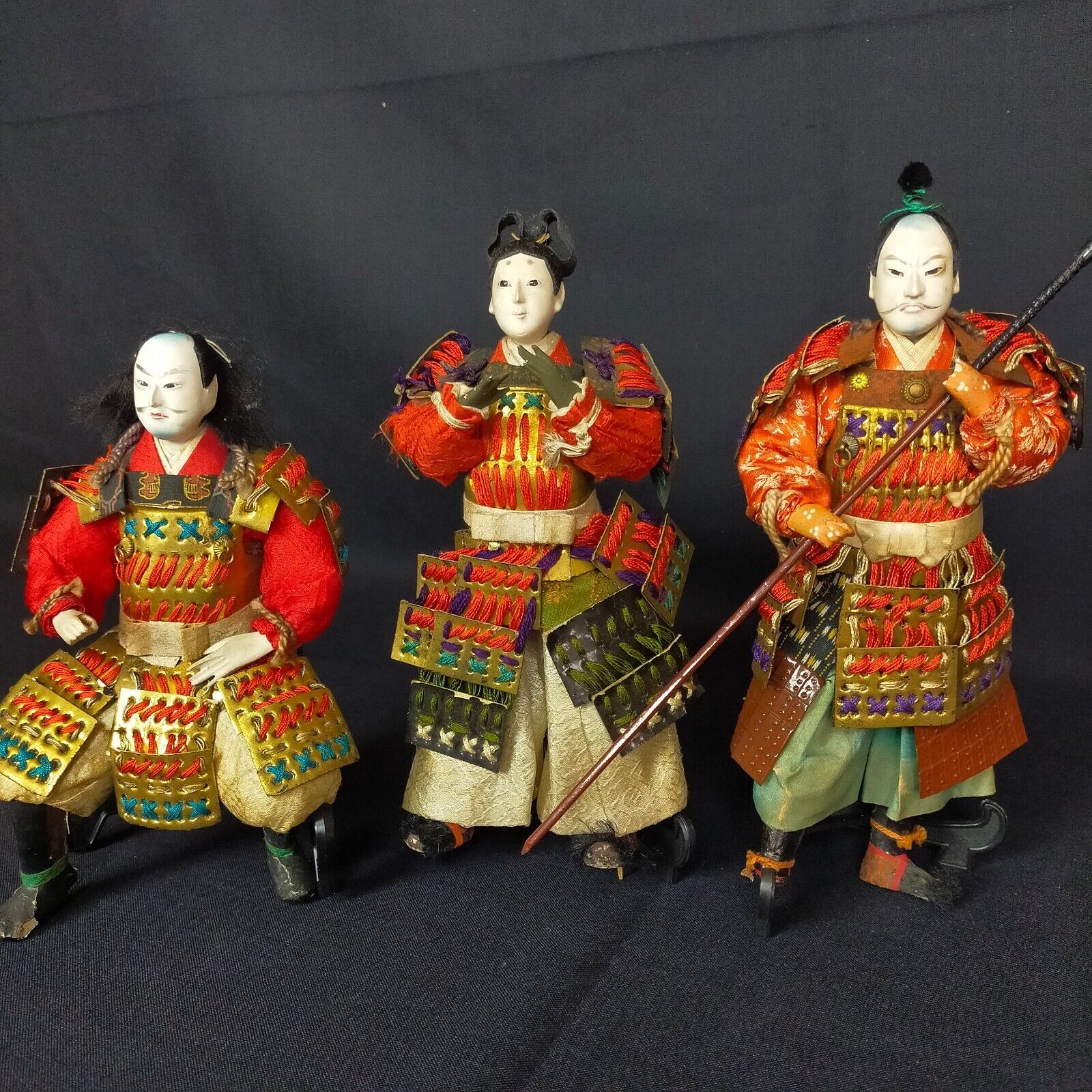 Japanese antique doll 3 Samurai warriors Jade Eyes Musya doll Taisyo Era 2150