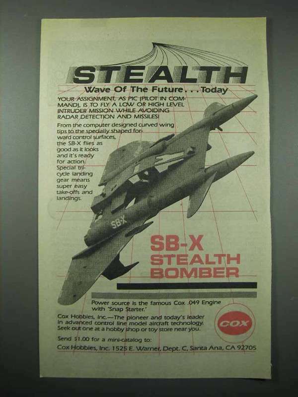 1987 Cox SB-X Stealth Bomber Model Aircraft Ad