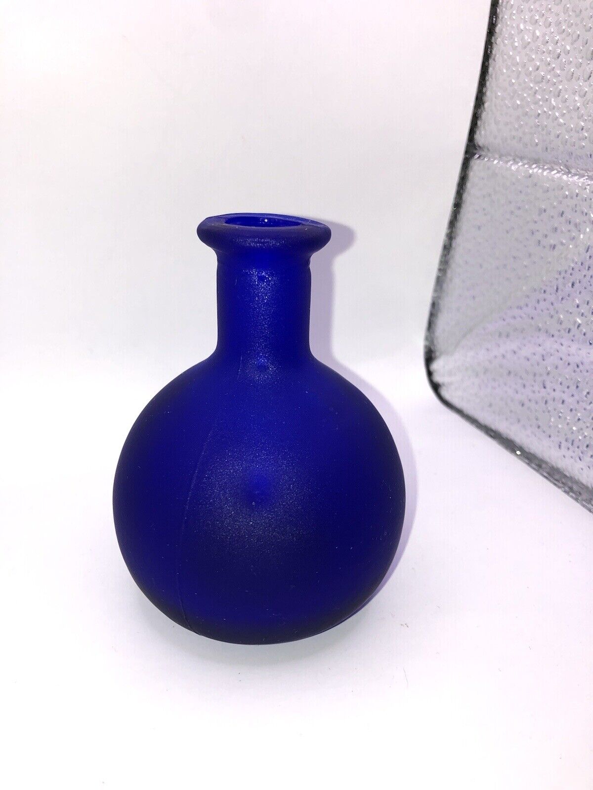 Vintage Mid Century Modern Colbalt Blue Glass Bud Vase Fat Round Textured EUC