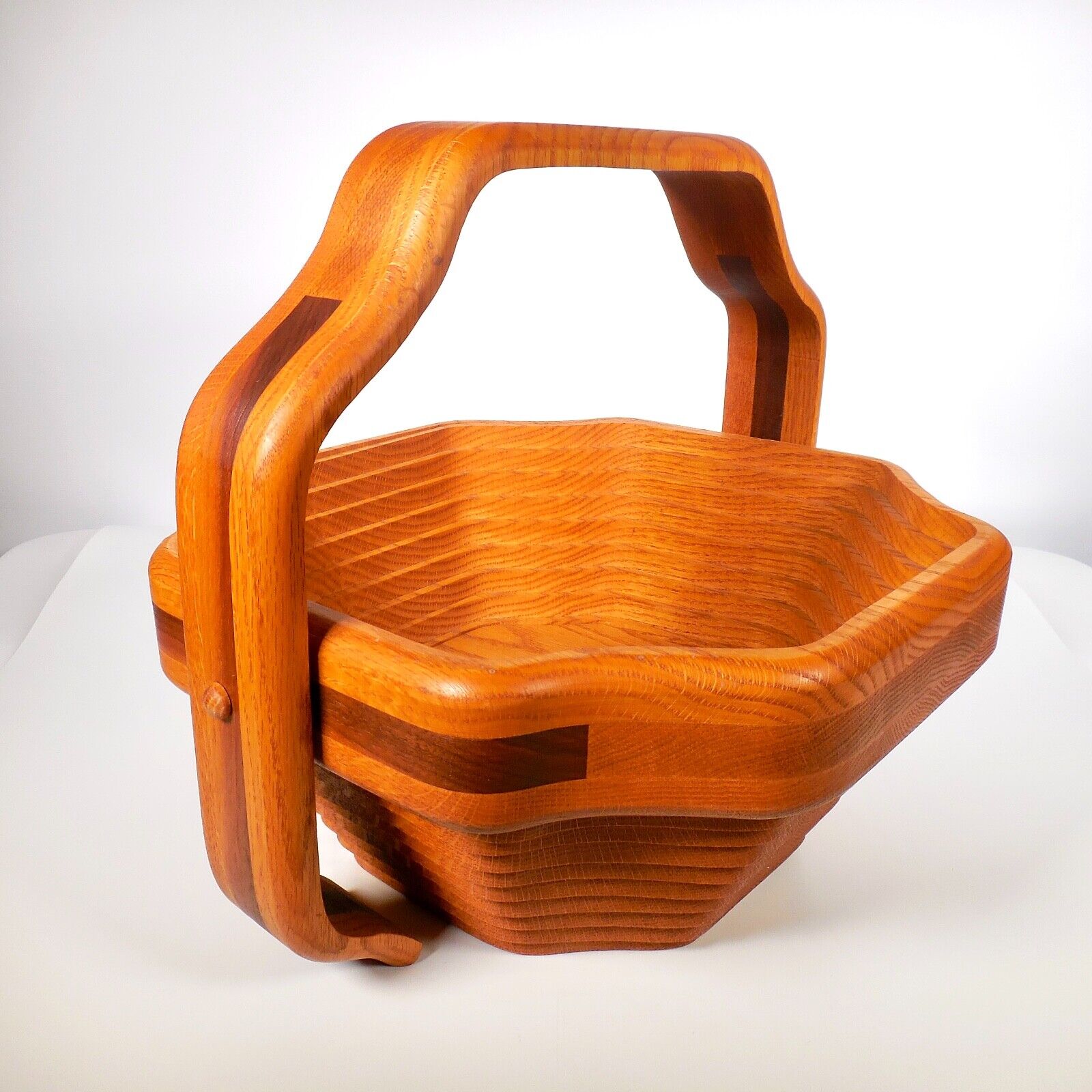 Large Artisan Hand Carved Wood Collapsible Basket Handle Walter Wacker Craftsman