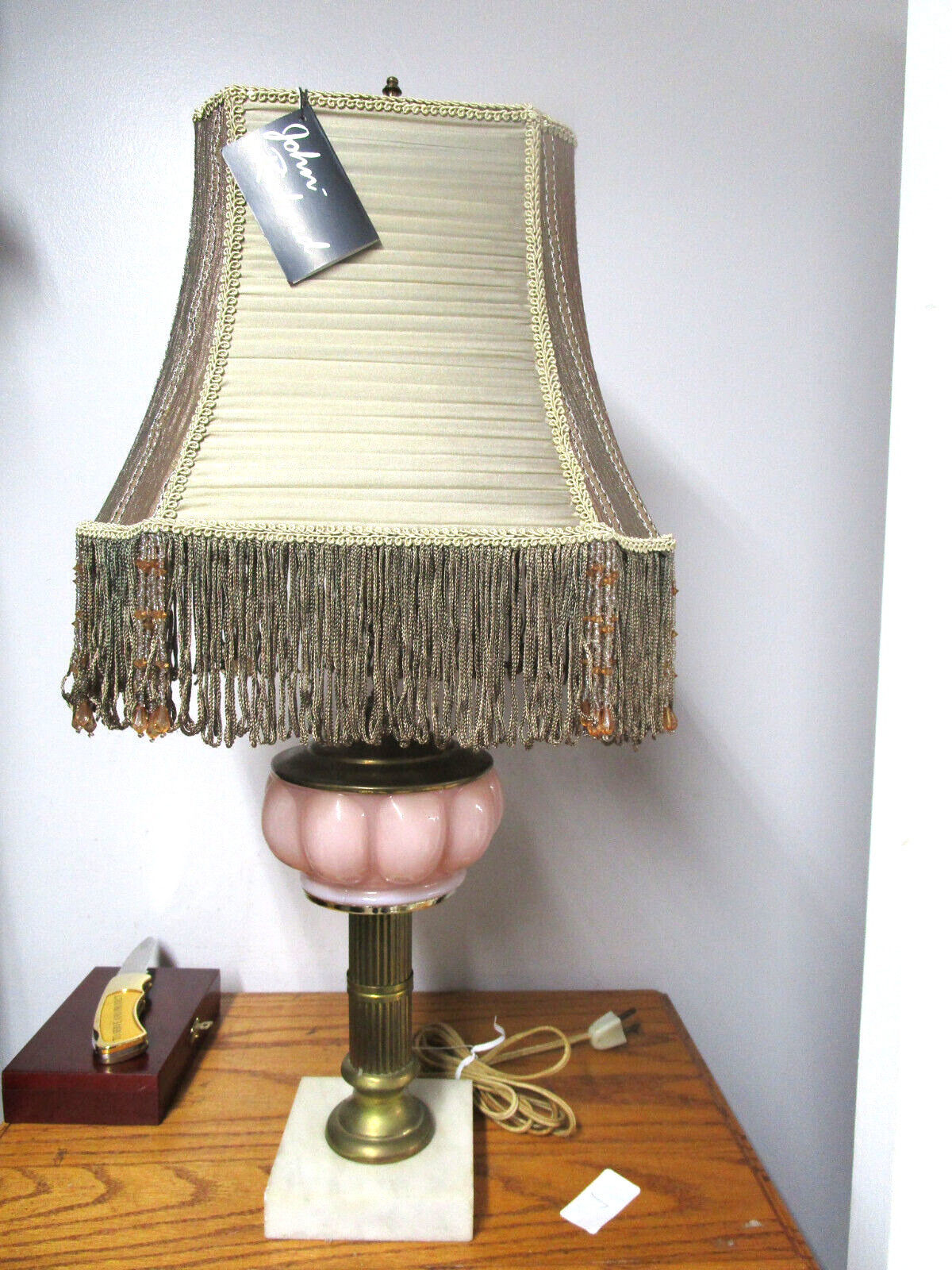 Vintage PASTEL PINK GLASS  Table Lamp with Brass and Marble Base 24 1/2\