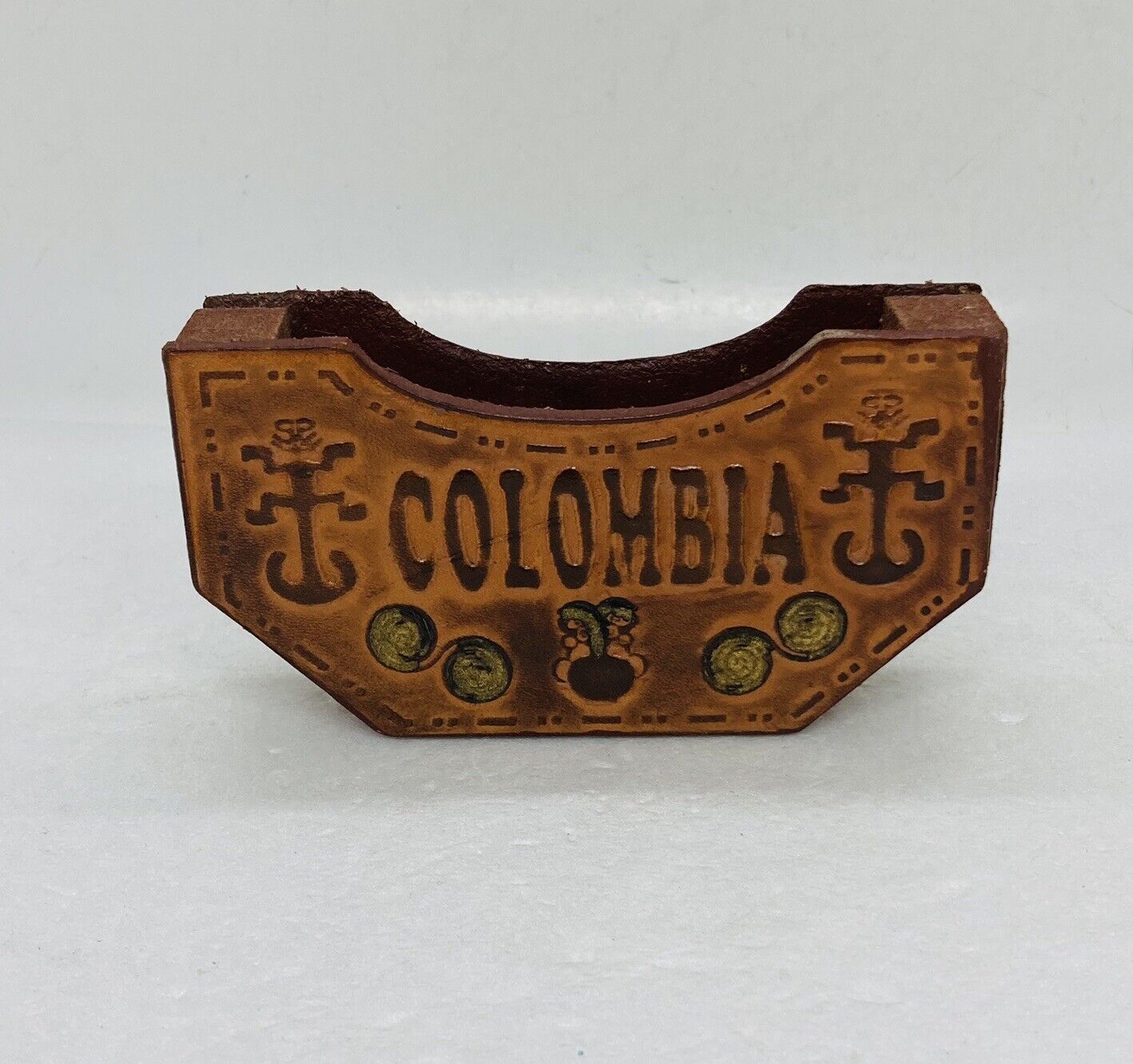 Vintage Leather Drinking Coaster Holder Colombia Embossed Lizards Art Design 32