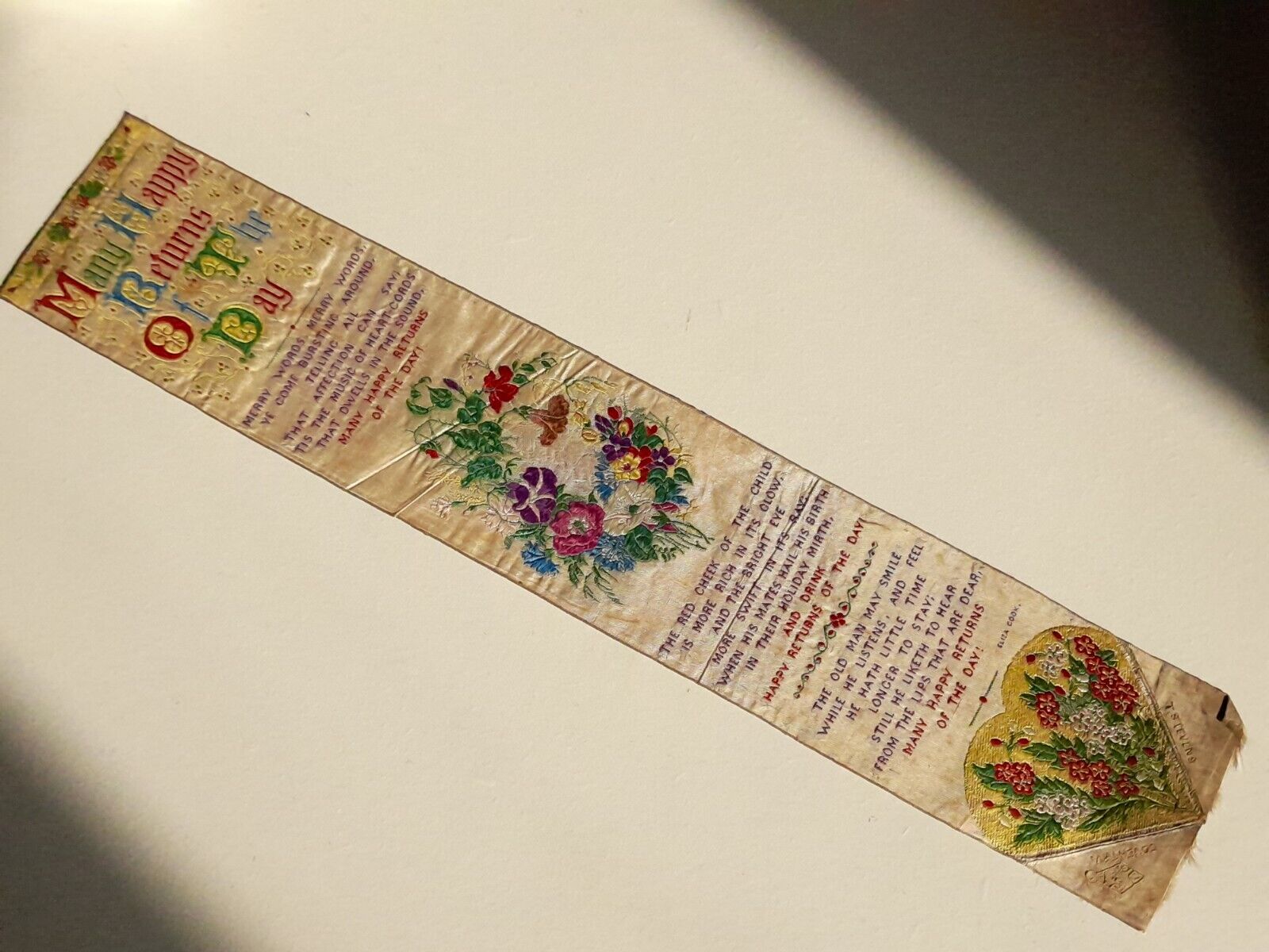 Stevengraph Bookmark Antique Woven Silk Many Happy Returns of the Day Eliza Cook
