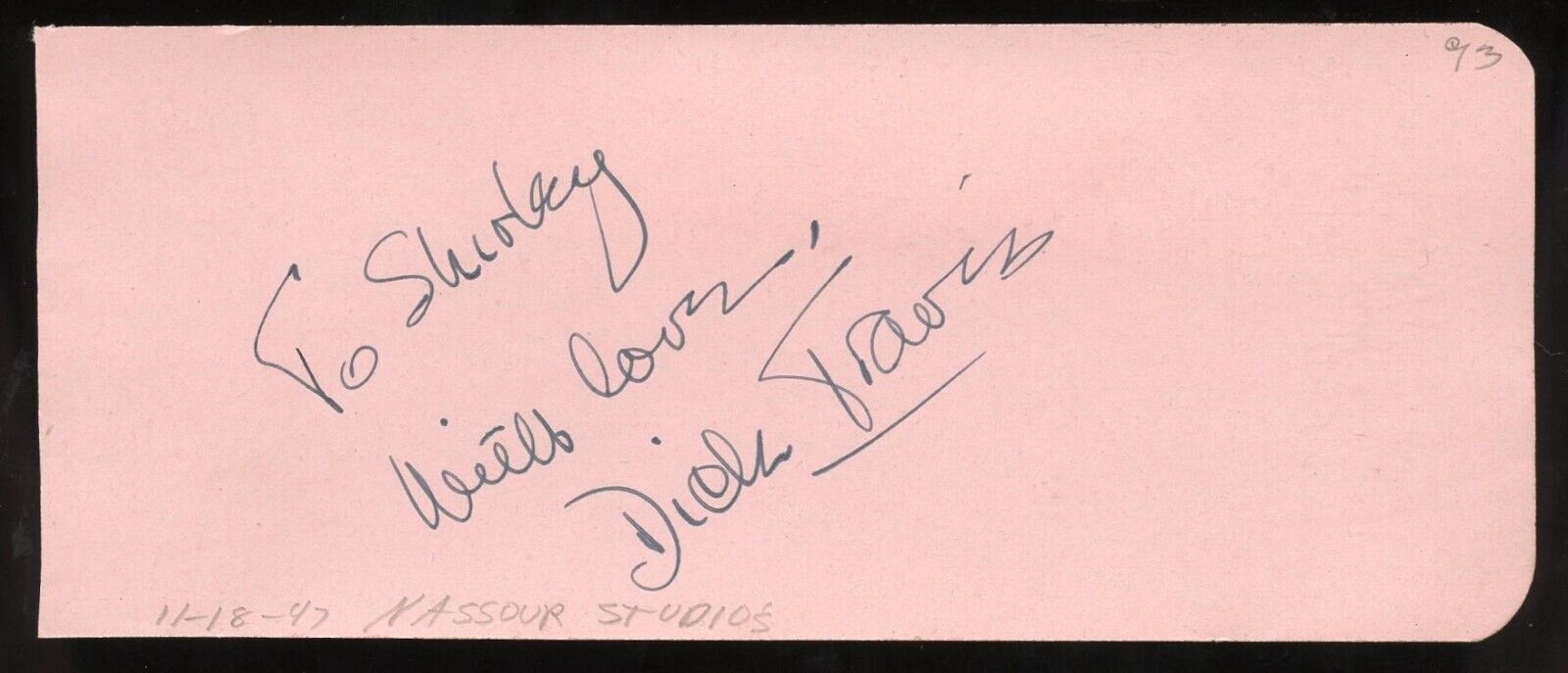 Richard Dick Travis d1989 signed 2x5 autograph on 11-18-47 at Nassour Studios LA