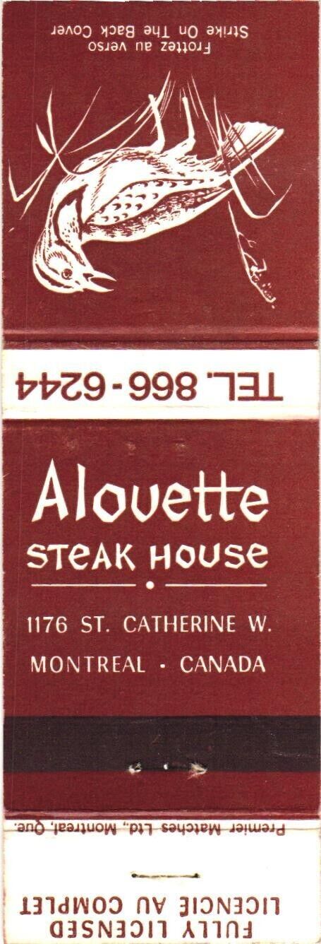 Alouette Steak House, Montreal, Canada Restaurant Vintage Matchbook Cover