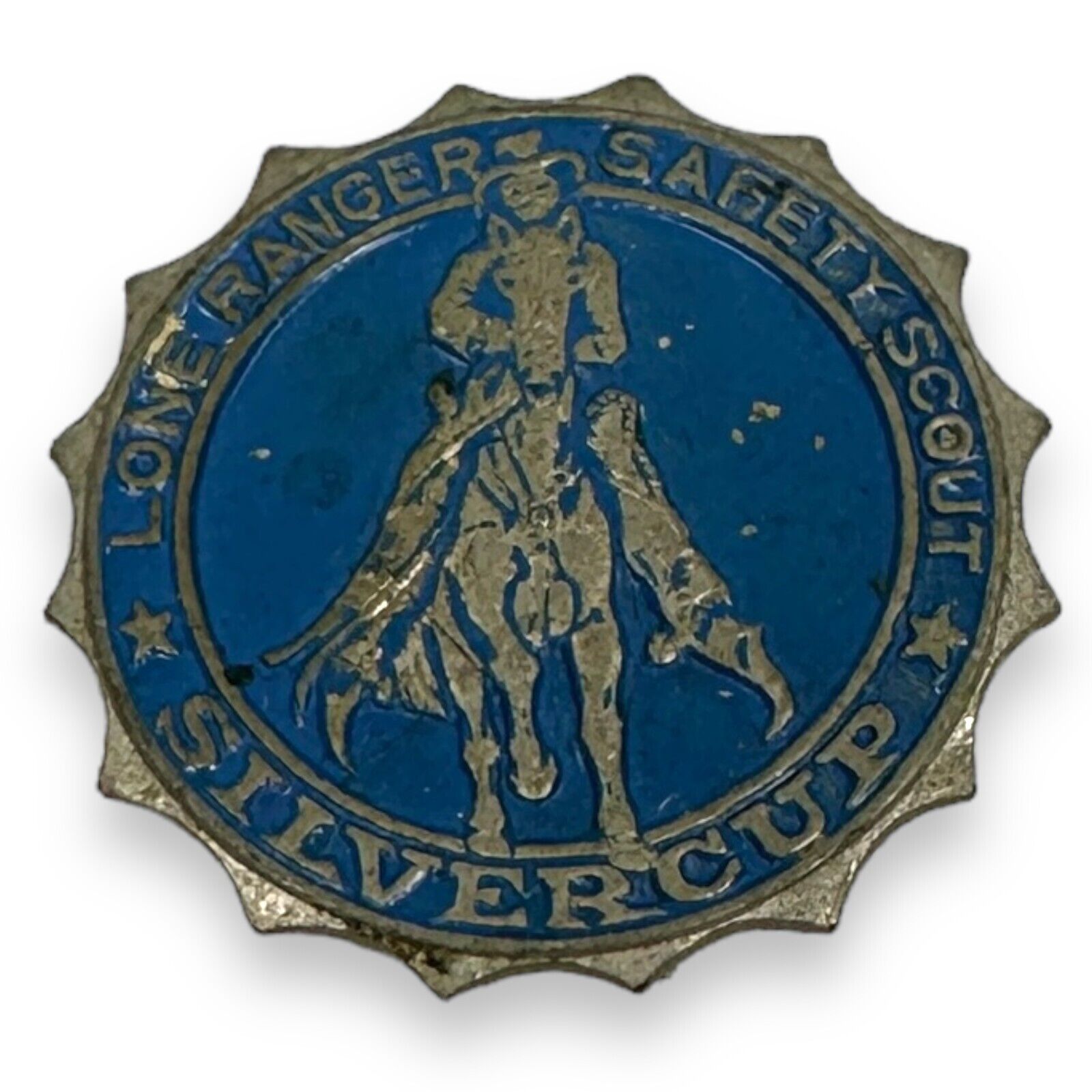 Vintage Lone Ranger Safety Scout SilverCup Pin Badge 1950s Blue Gray Advertising