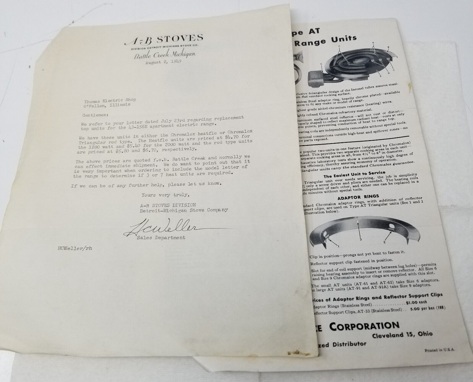 A-B Stoves Chromalox Heatflo Support Sales Letter 1949 Detroit Michigan Stove Co