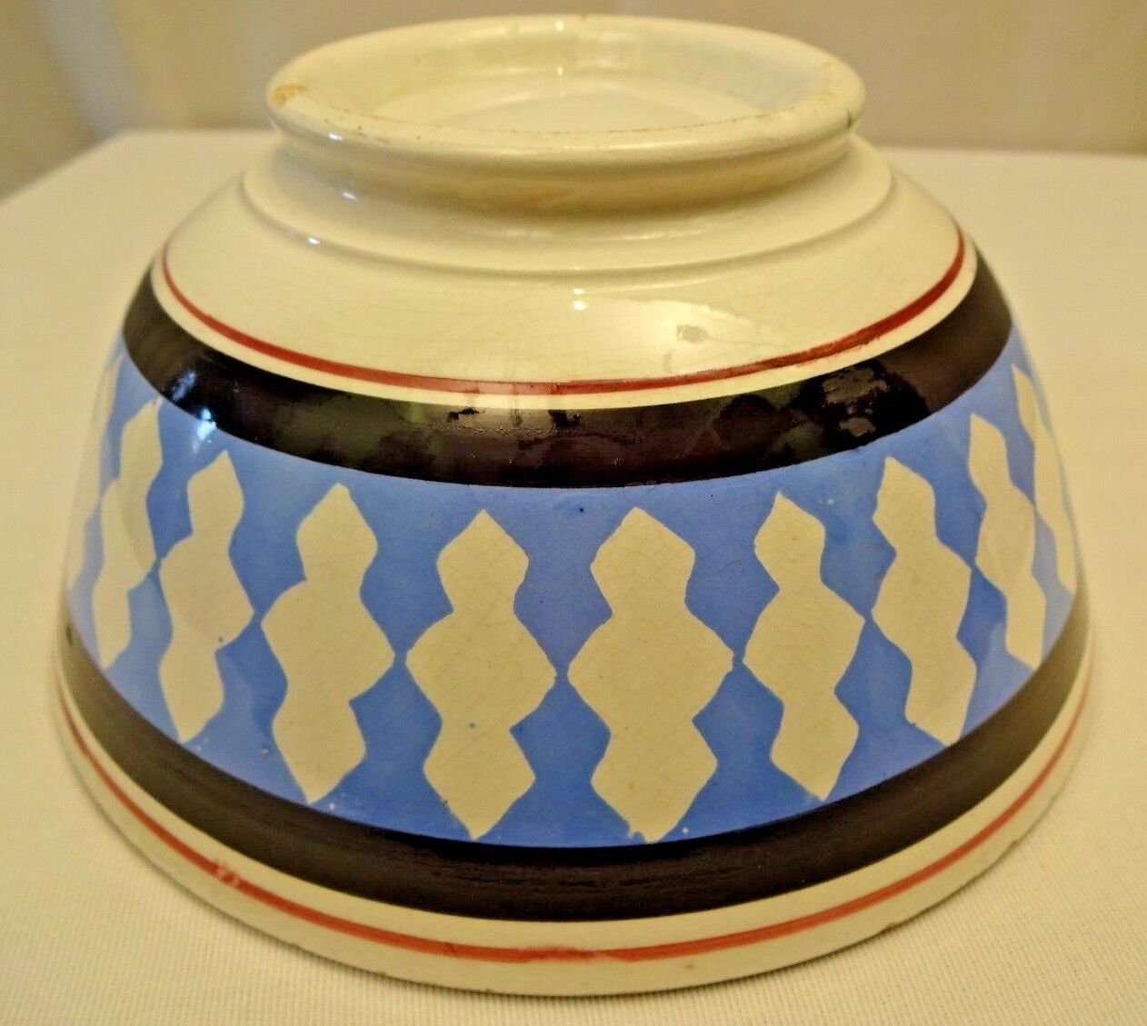 Antique Mocha ware Pottery Bowl Porcelain Blue Color Design Black Strip Rim \