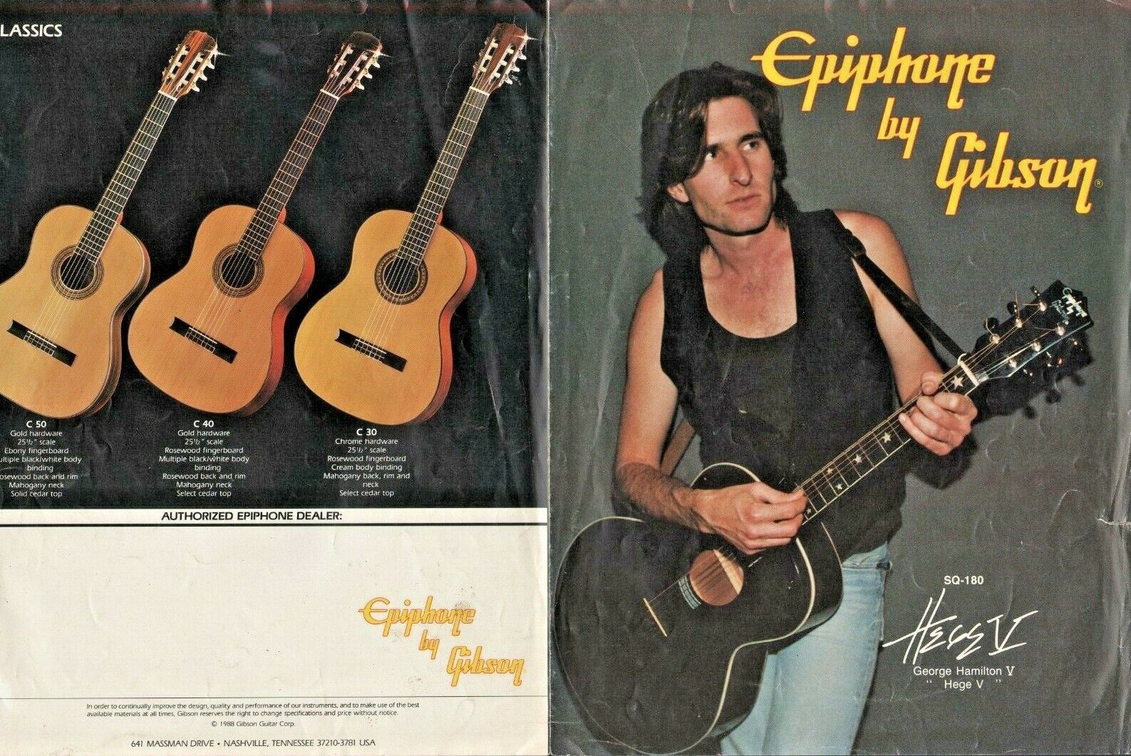 1988 Gibson Epiphone SQ-180 / George Hamilton Hege V - 4-Page Vintage Guitar Ad