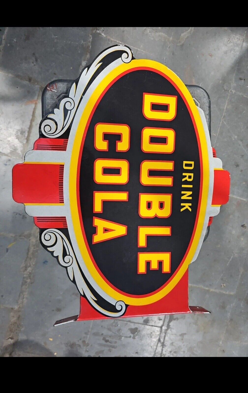 DRINK DOUBLE COLA FLANGE PORCELAIN ENAMEL SIGN 18 X 15 X 2 INCHES  DOUBLE SIDED