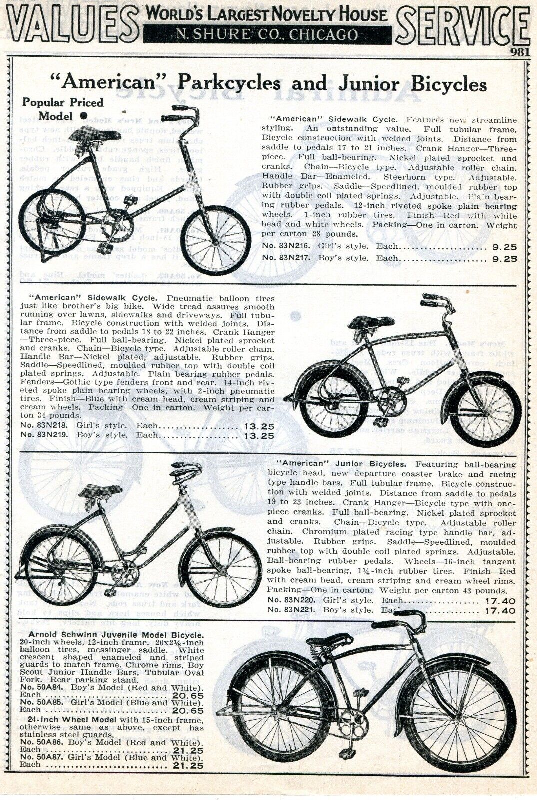 1938 Print Ad of American Parkcycle Sidewalk, Arnold Schwinn, Admiral Bicycles
