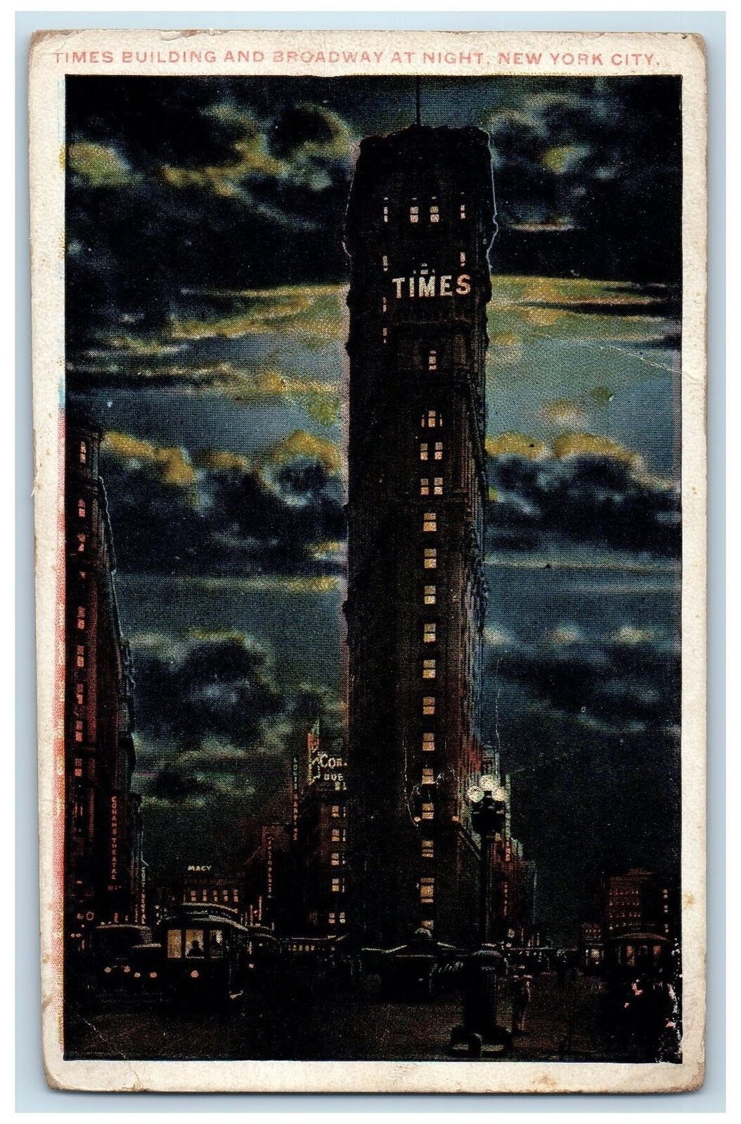 1921 Times  Building And Broadway At New York City NY Posted Moonlight Postcard