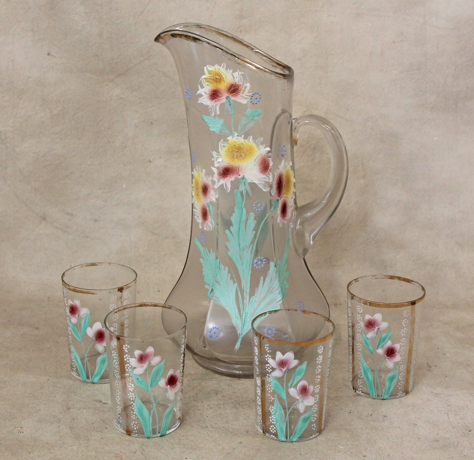19th c Victorian Blown Glass HP  Tall Pitcher & Glasses Water Lemonade Set