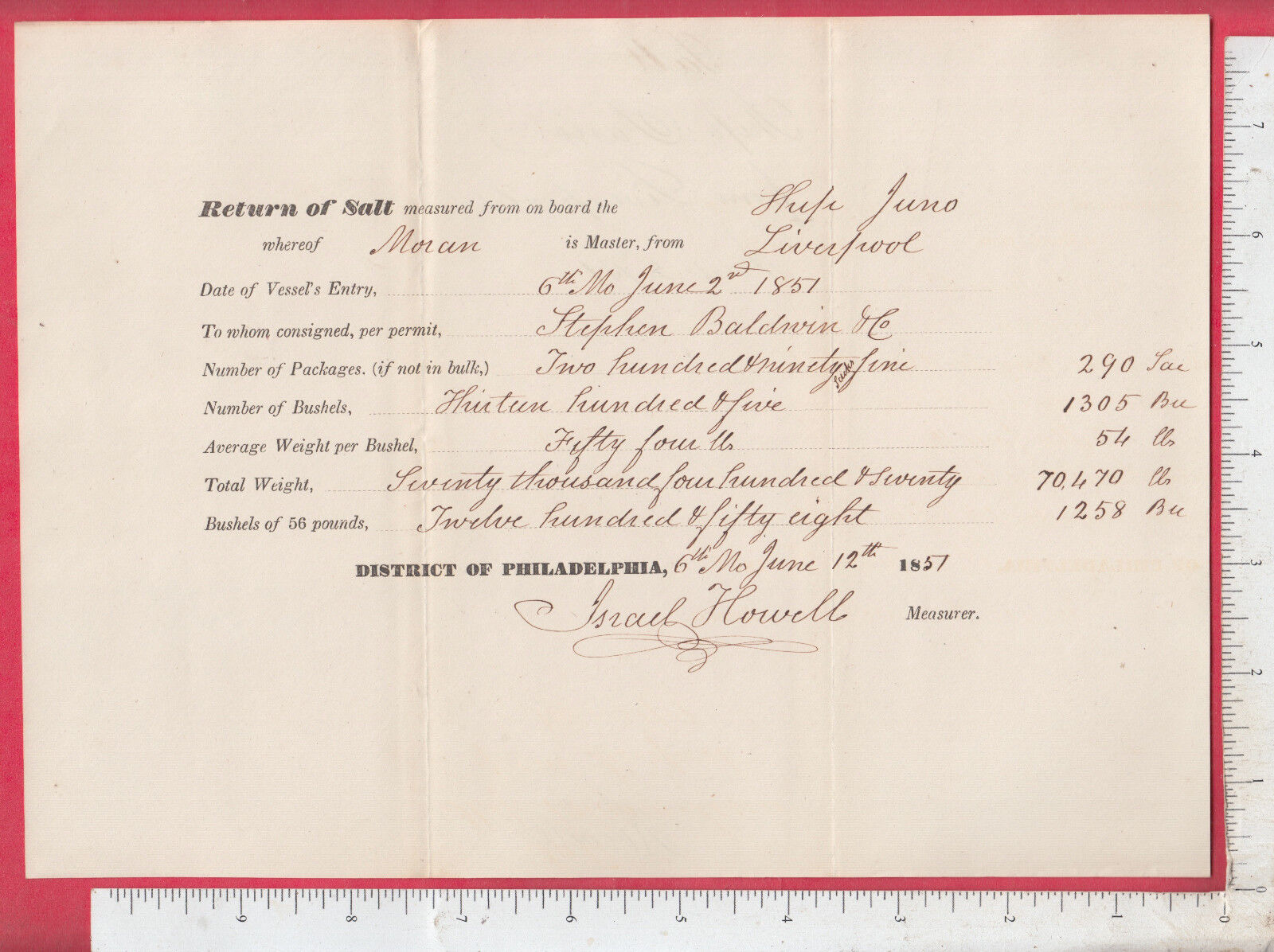 B013 Ship Juno paper 1851 Phila port Master Moran, Stephen Baldwin Israel Howell