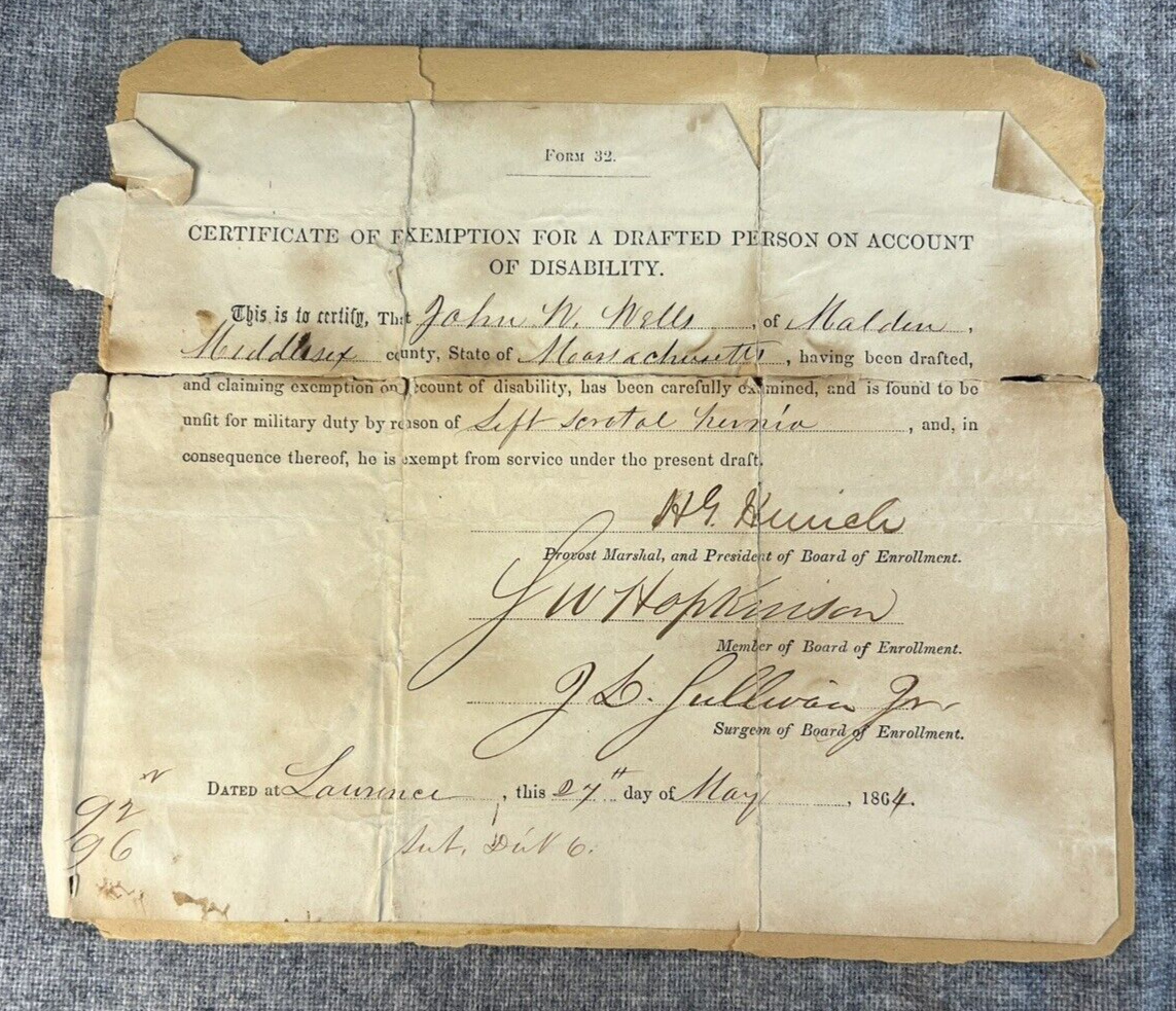 1864 CERTIFICATE OF EXEMPTION FOR DRAFTED CIVIL WAR CIVILIAN, Malden MA