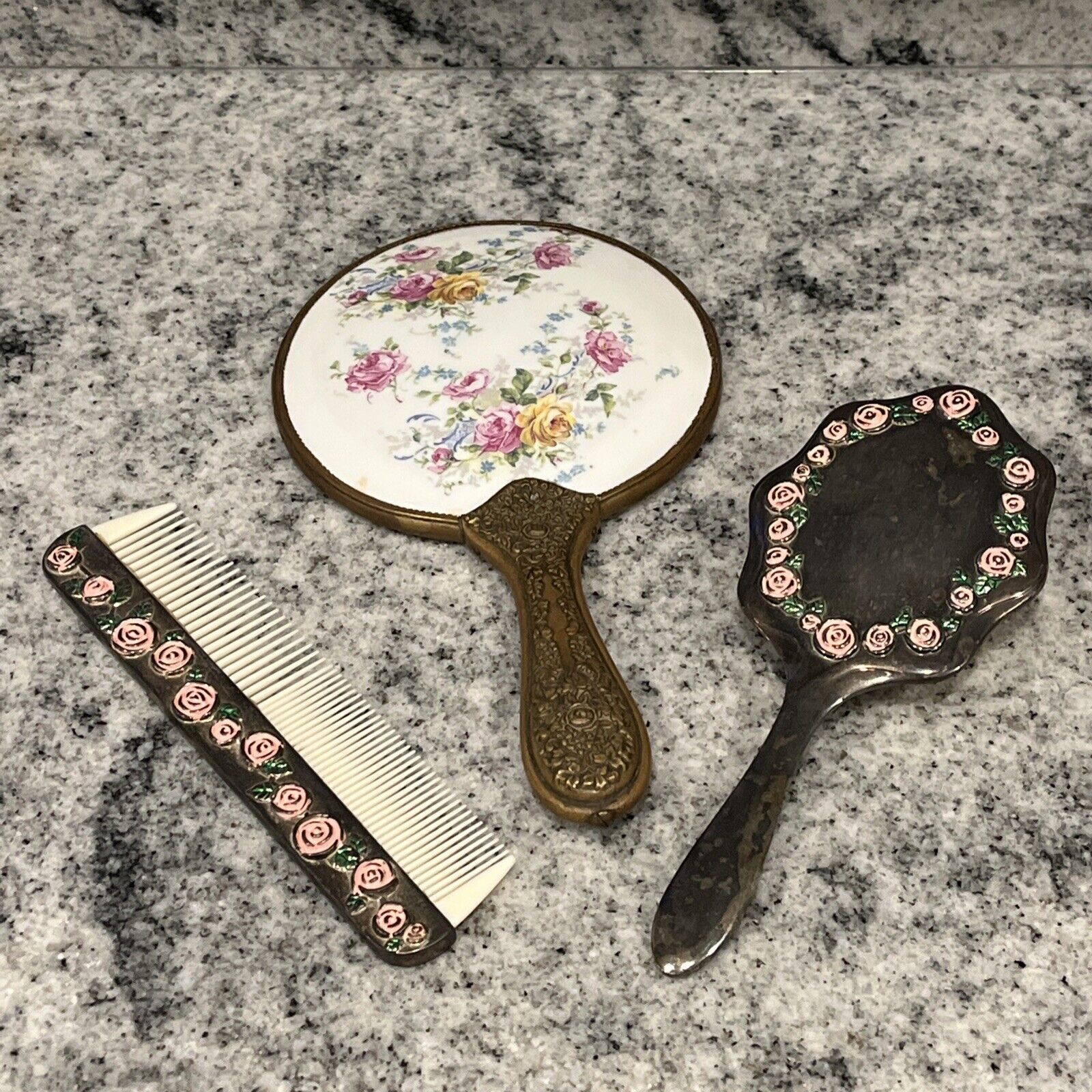 Antique Hand Mirror Brush Art Nouveau PORCELAIN Insert Brush & Comb PINK ROSES