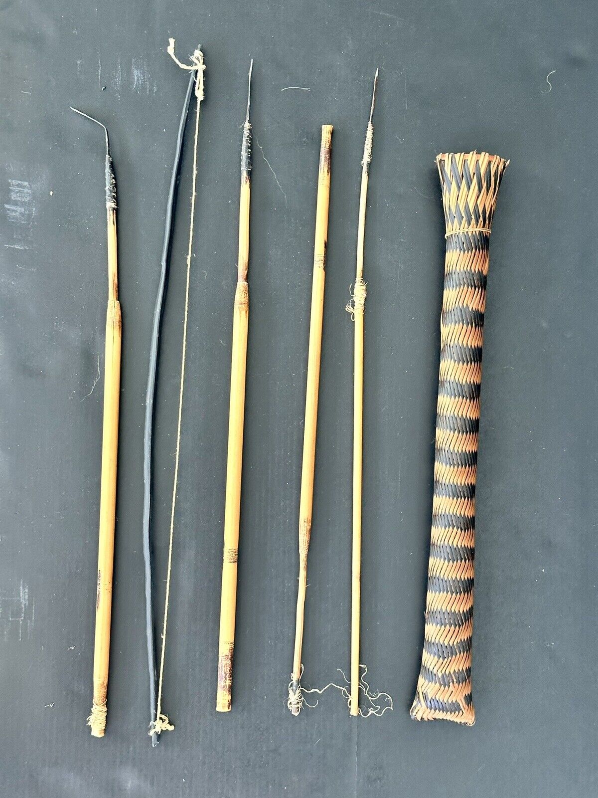 Vintage South Pacific Islander Hand Made Woven Bamboo Dart Gun & Quiver