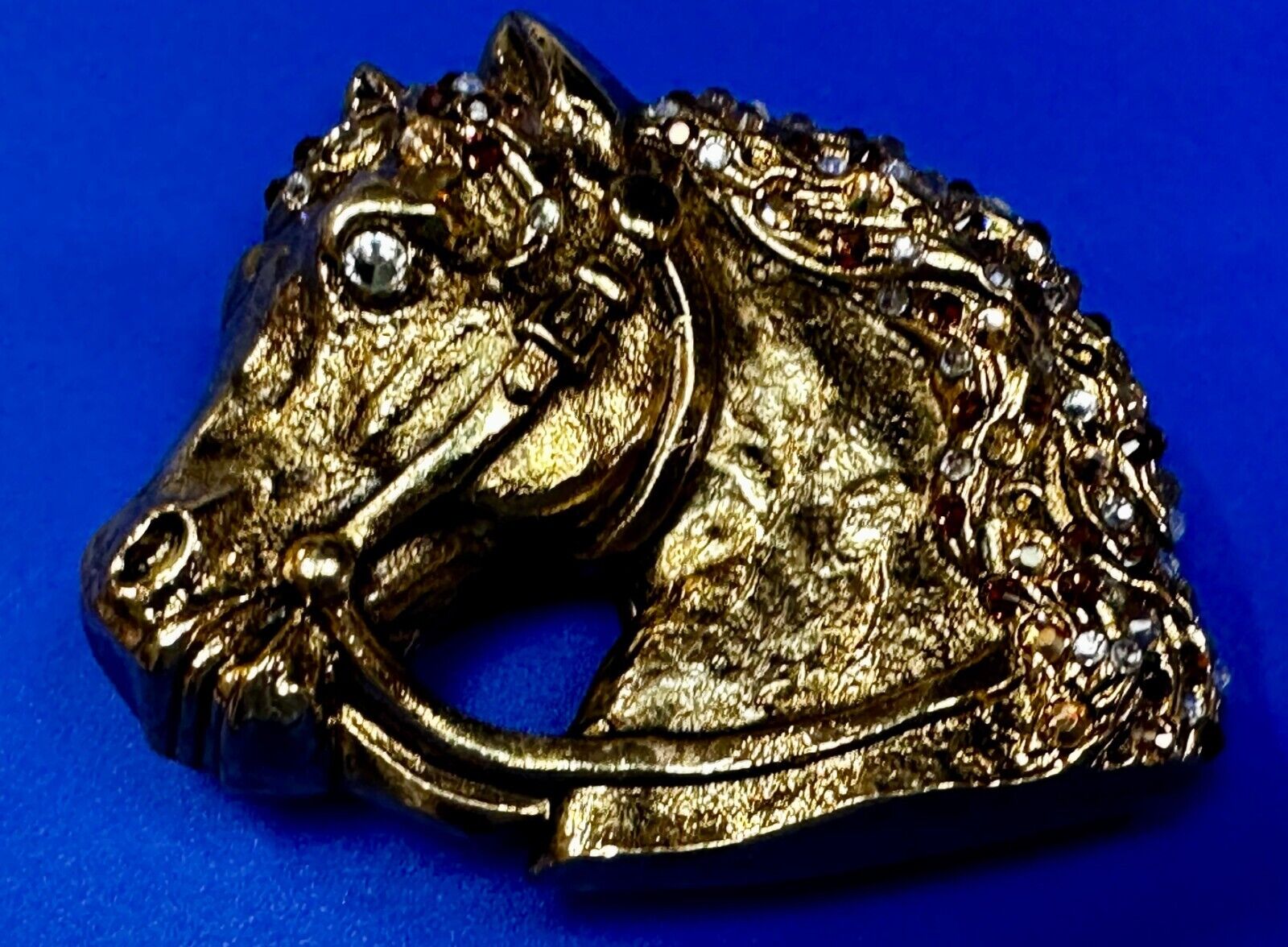 Horse Head - Vintage Gold Color Cutout Belt Buckle - Missing Rhinestone - Marked