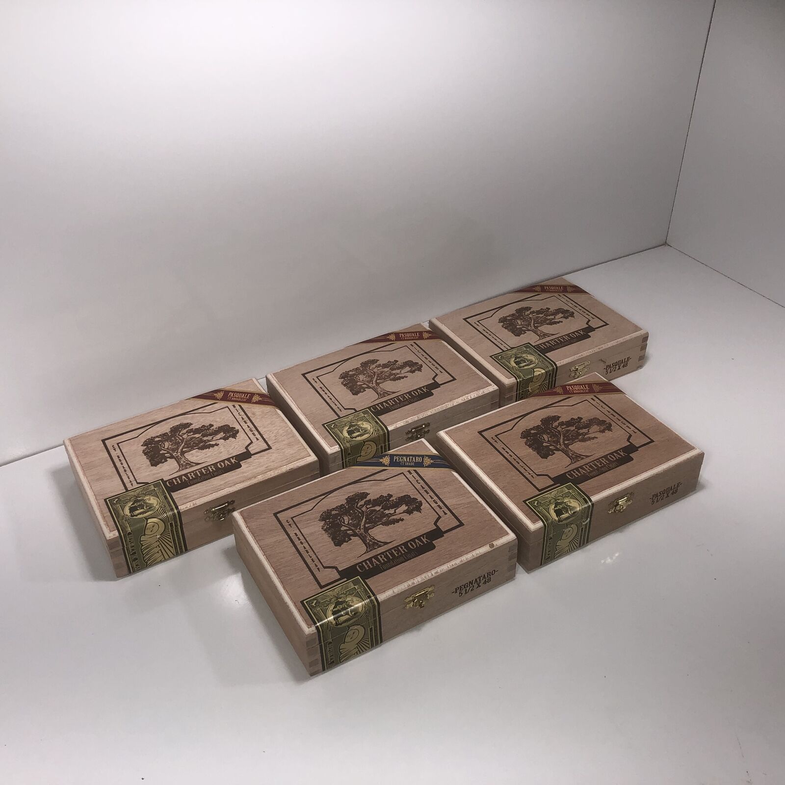 Lot of 5 Charter Oak Empty Wooden Cigar Boxes 7x5.5x2 #24