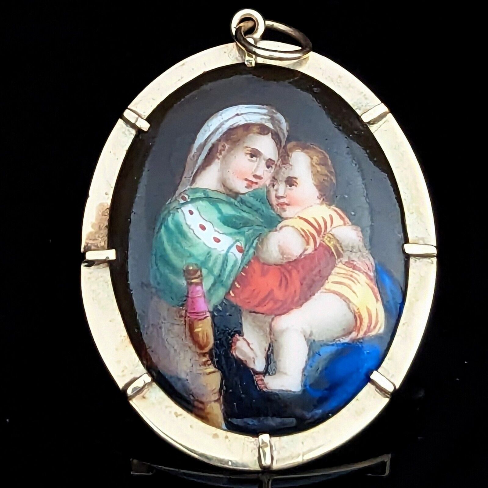 Antique Virgin Mary Christ Hand Paint Miniature 10k Gold Pendant Brooch Madonna
