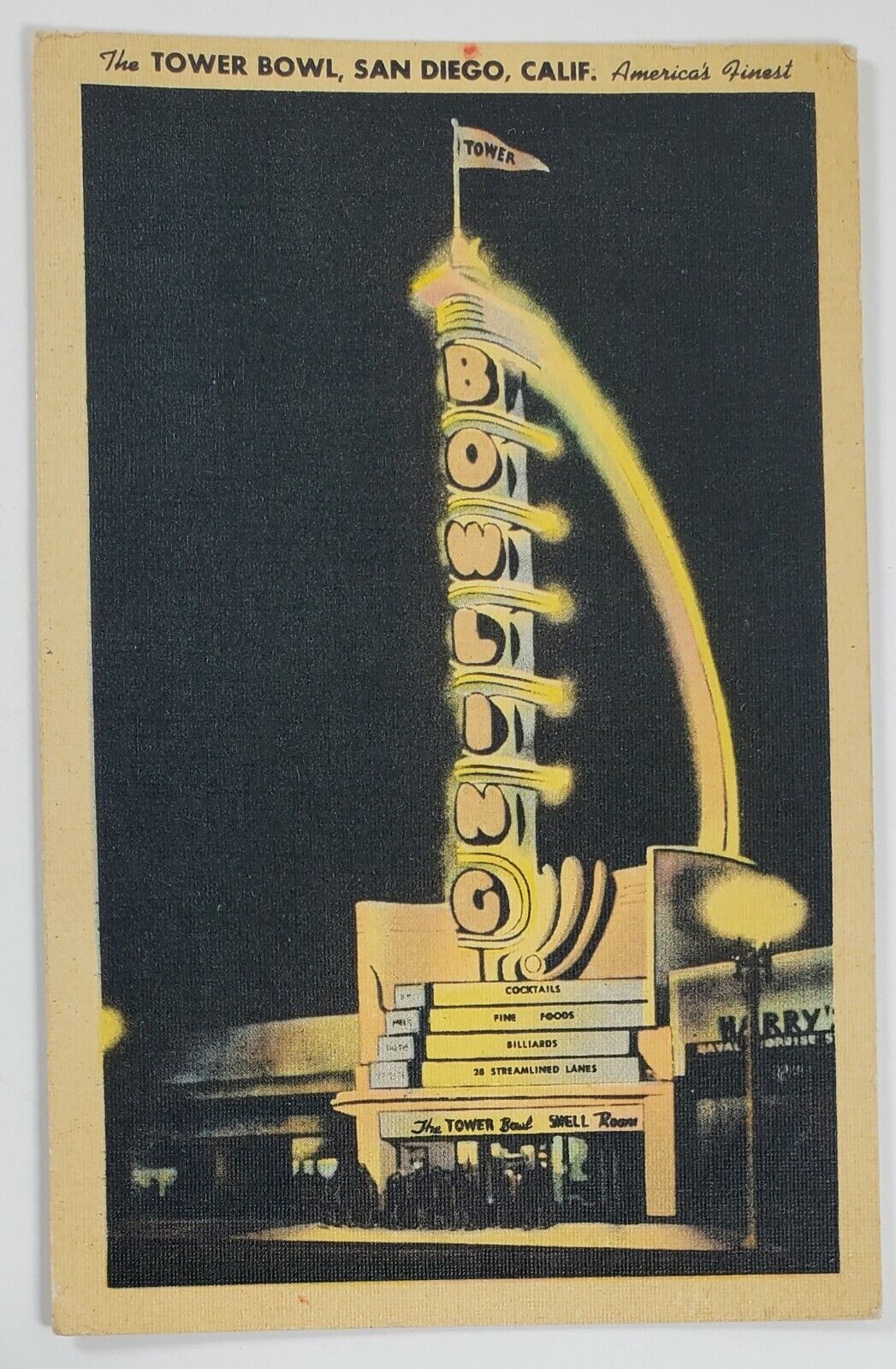 San Diego THE TOWER BOWL, Art Deco Designed BOWLING BILLARDS LOUNGE Postcard Q18