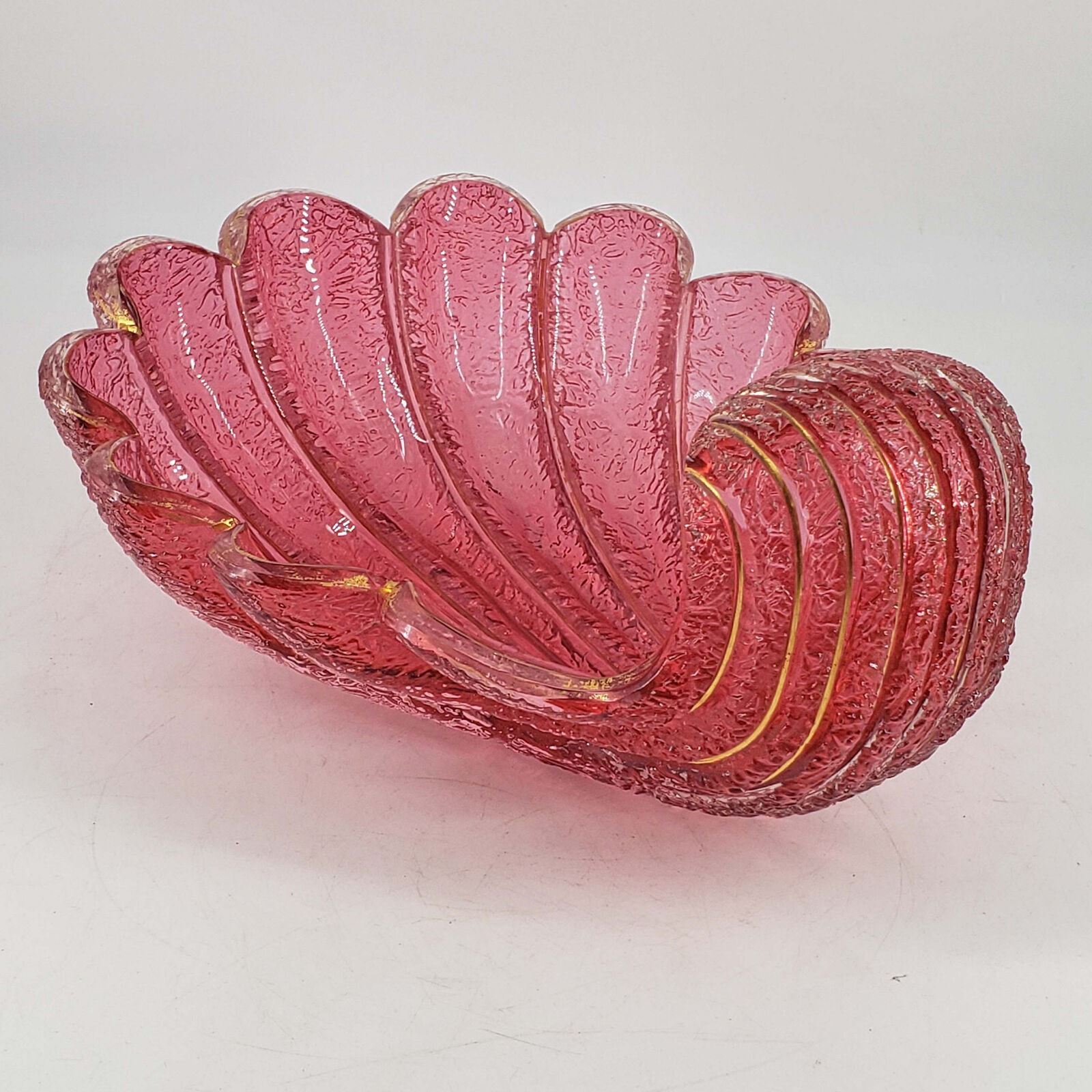 Antique Heavy Unique textured pink glass Shell dish lamp shade w/brass detail