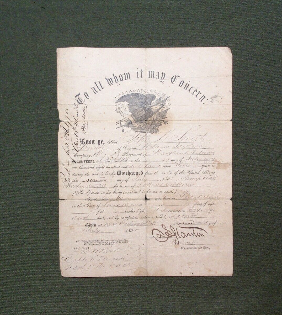 Civil War 1st Maryland Veteran\'s Discharge, Signed By A Brevet Brigadier General