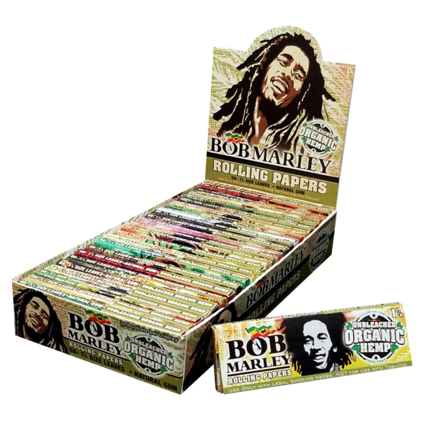 Bob Marley Unbleached Organic Hemp 1 1/4, 1.25 Rolling Papers 25 Booklet Packs